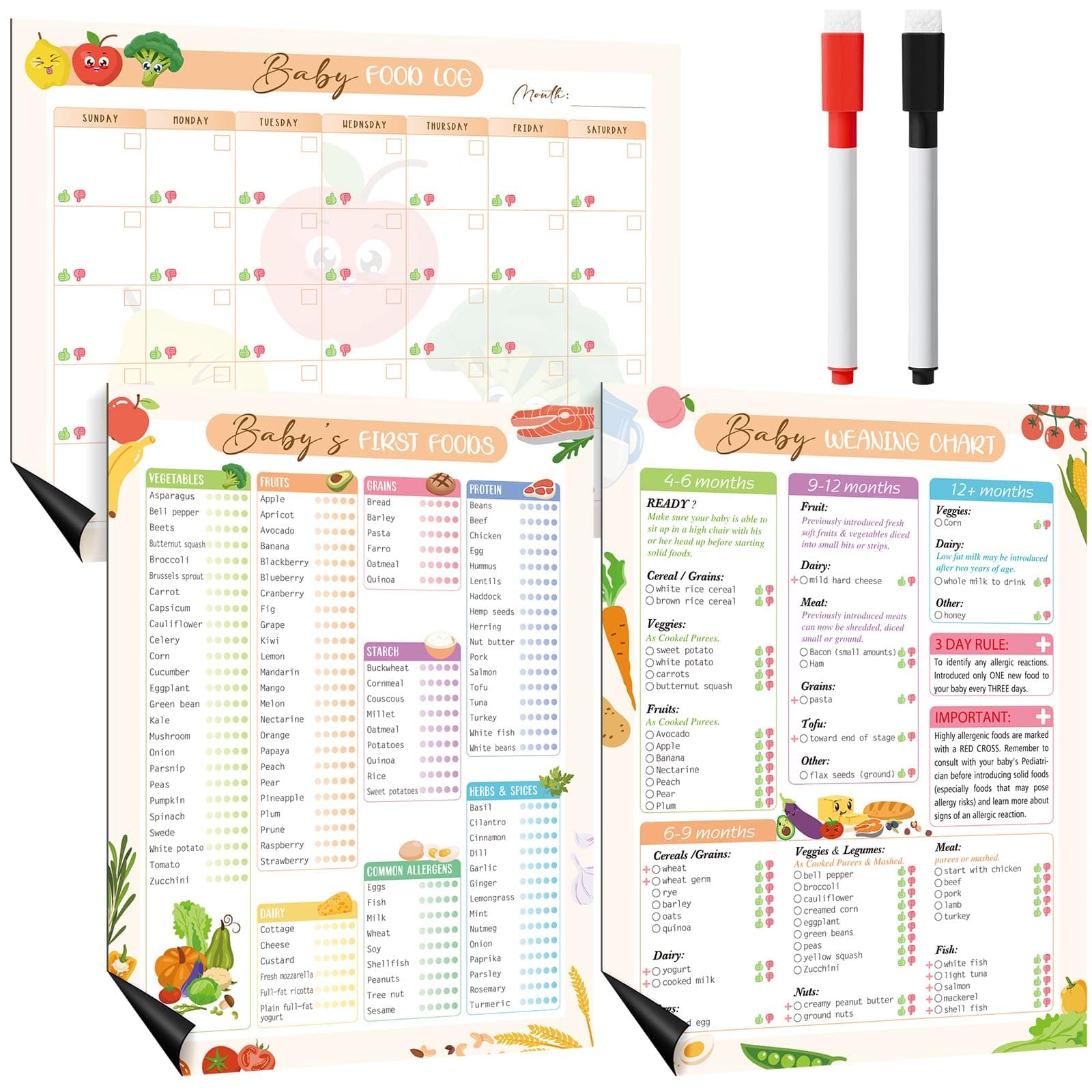Pasimy 3 Pcs Baby's First Food Tracker Magnet Weaning Chart 11"x14" Baby Food Log Checklist Daily Meal Planner Journal with 2 Dry-Erase Markers 6 to 12 Months Newborn Fridge Recipes List Essentials