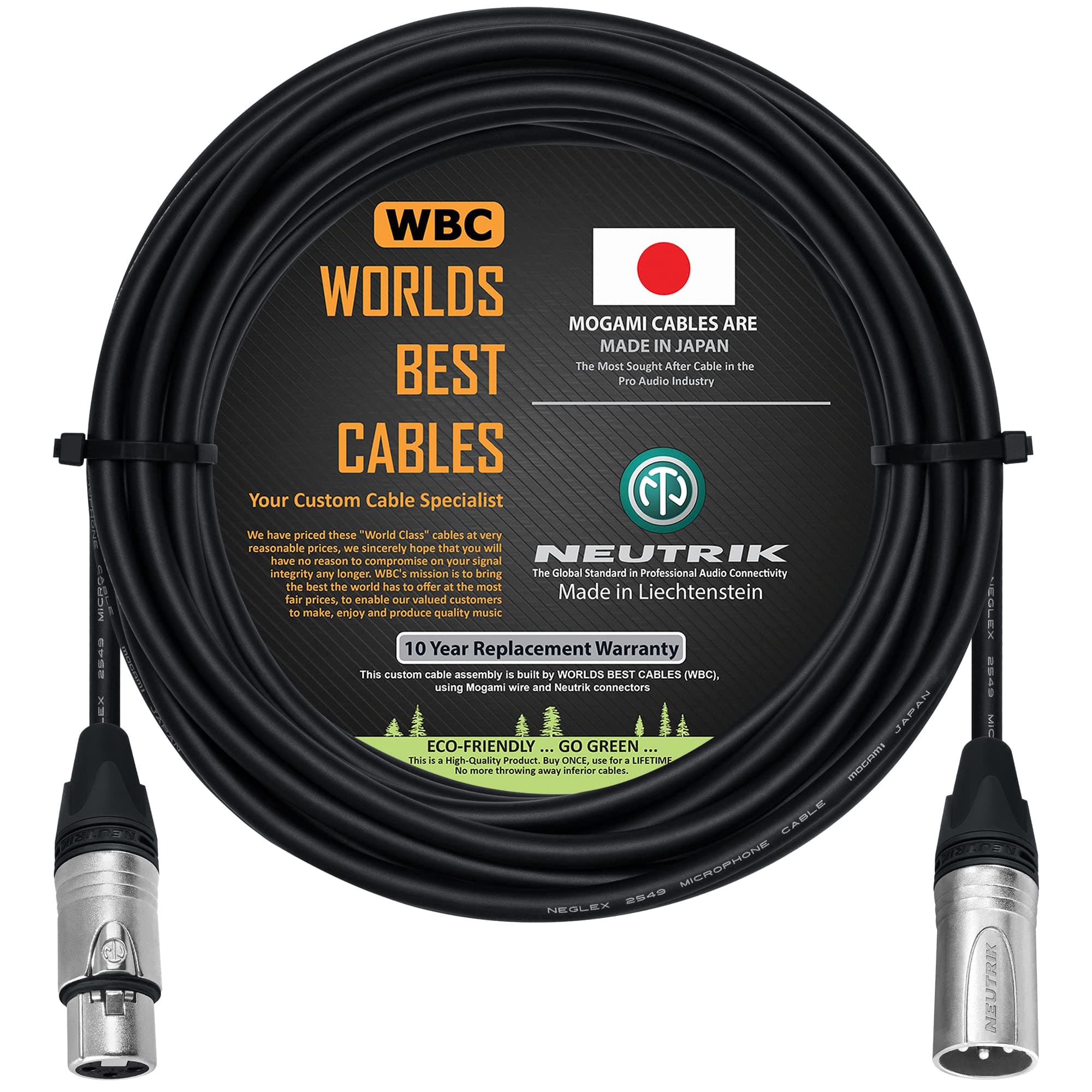 WORLDS BEST CABLES 20 Foot - Balanced Microphone Cable Custom Made Using Mogami 2549 (Black) Wire and Neutrik NC3MXX & NC3FXX Silver XLR Plugs