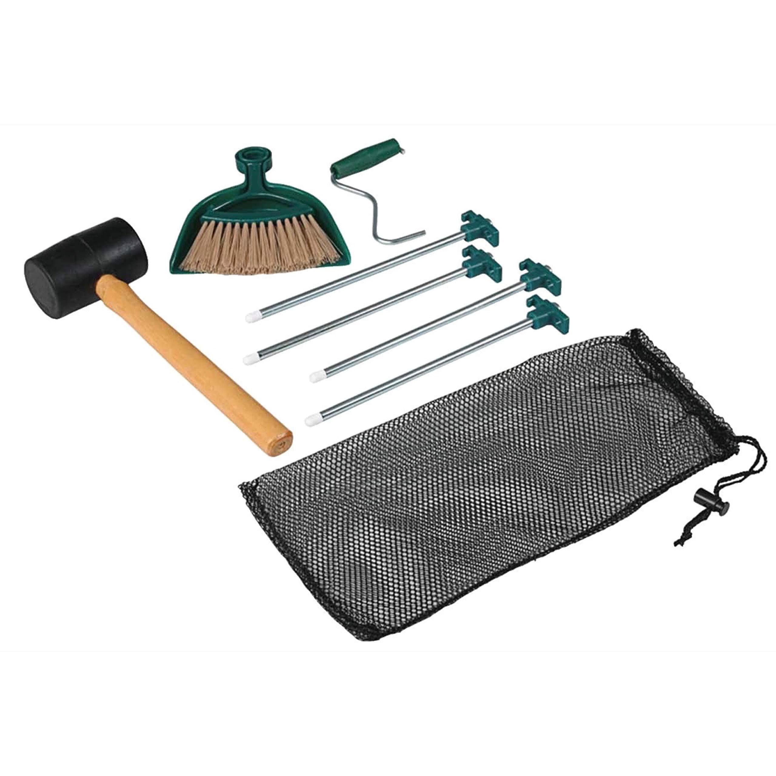 Premium Camping Tent Kit: Steel Tent Pegs, Rubber Mallet, Broom and Dustpan, Stake Puller, Includes Carry Bag