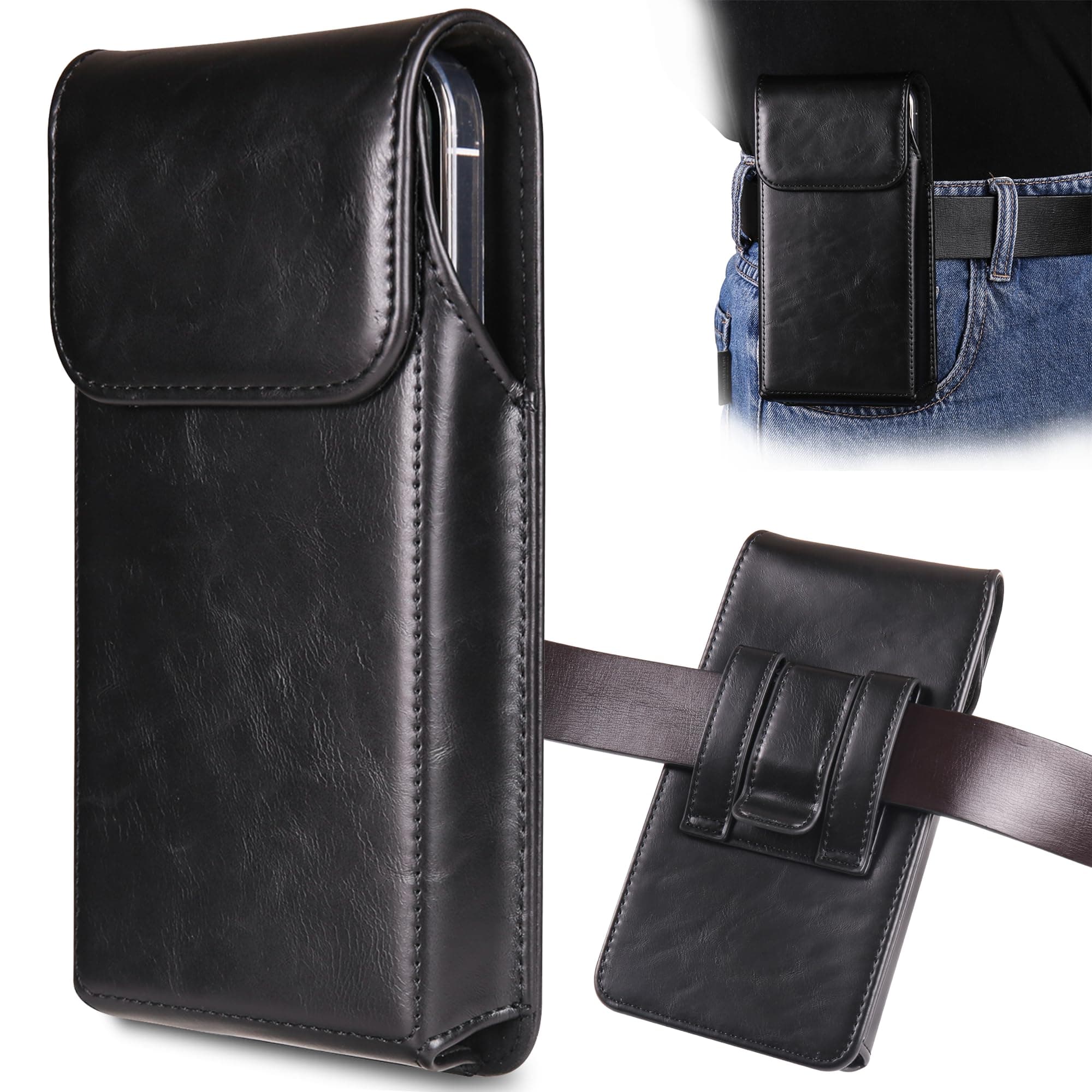 Holster for iPhone 16 Pro Max, 15 Pro, 14, 13, 12 Plus - Premium Leather Pouch With Belt Clip Phone Case, Black -L