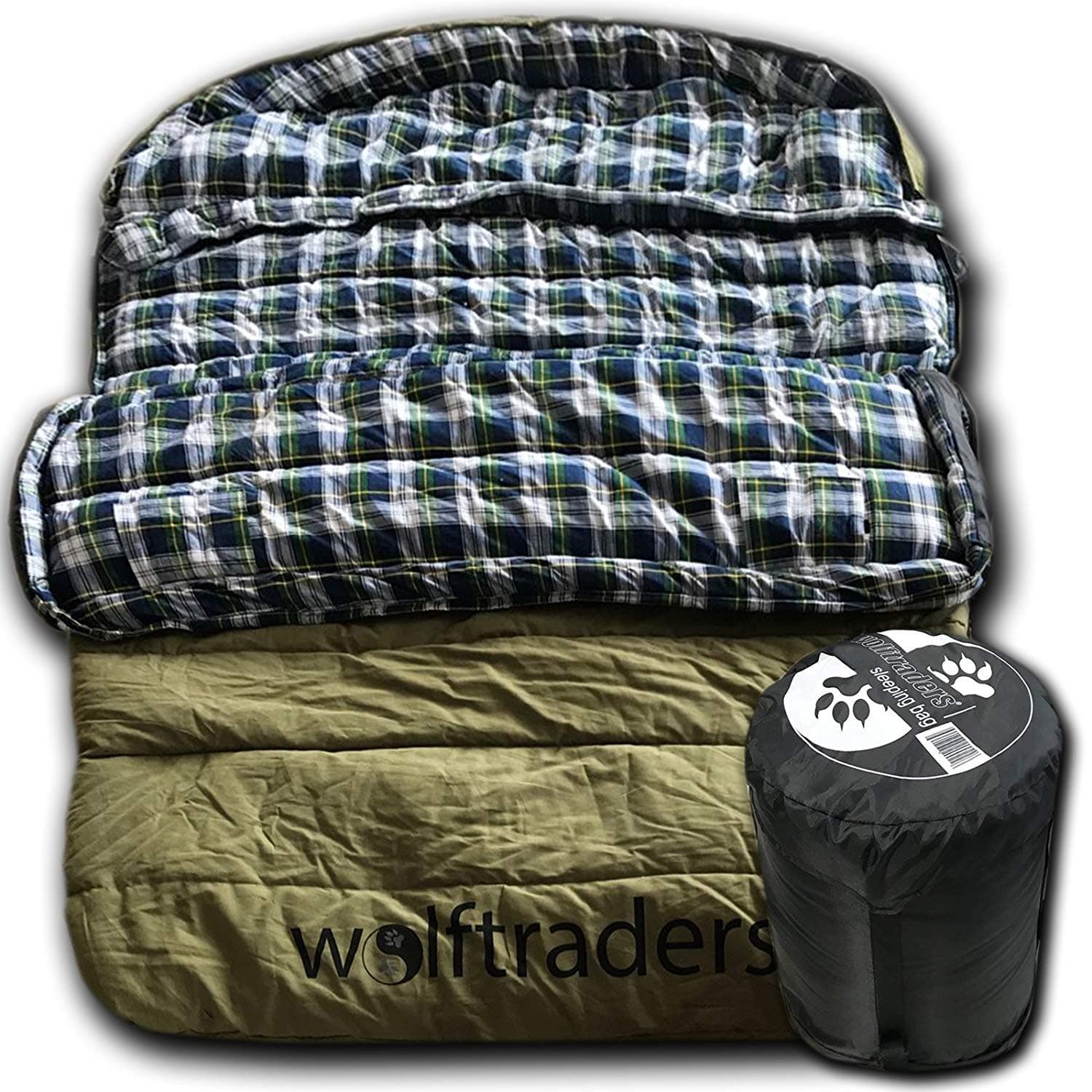 TwoWolves -30 Degree Premium Canvas Two Person Sleeping Bag, Green/Blue