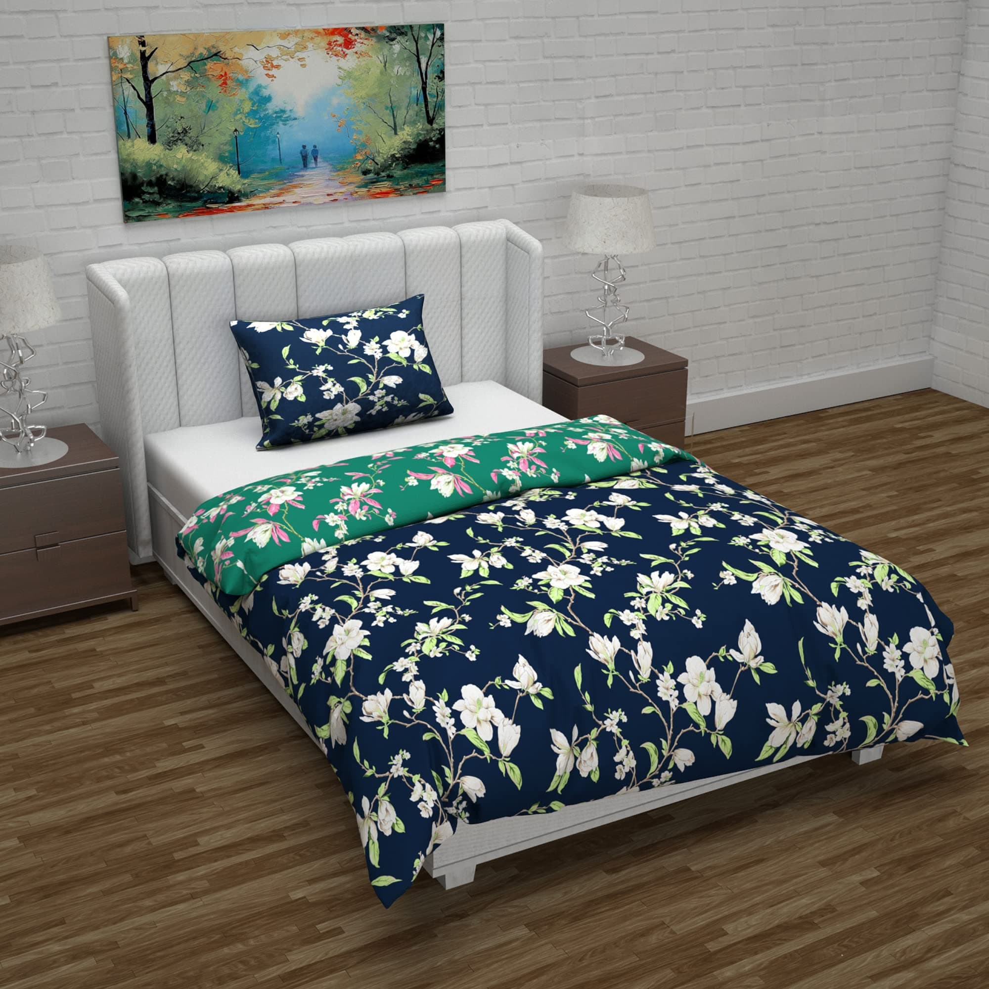 Divine Casa Microfiber Reversible Single Bed AC Duvet Cover Set with 1 Pillow Cover | Soft & Cozy for Quilt/Comforter/Blanket - Green & Navy Blue