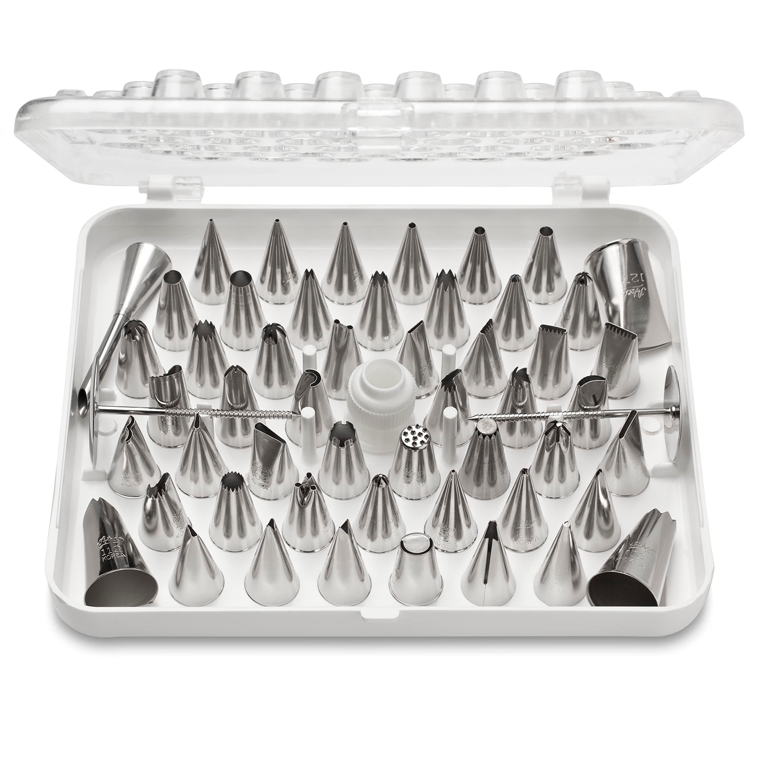 Ateco 783-55 Piece Cake Decorating Set, Includes 52 Stainless Steel Tubes, 1 Standard Coupler, 2 Flower Nails in Hinged Storage Box