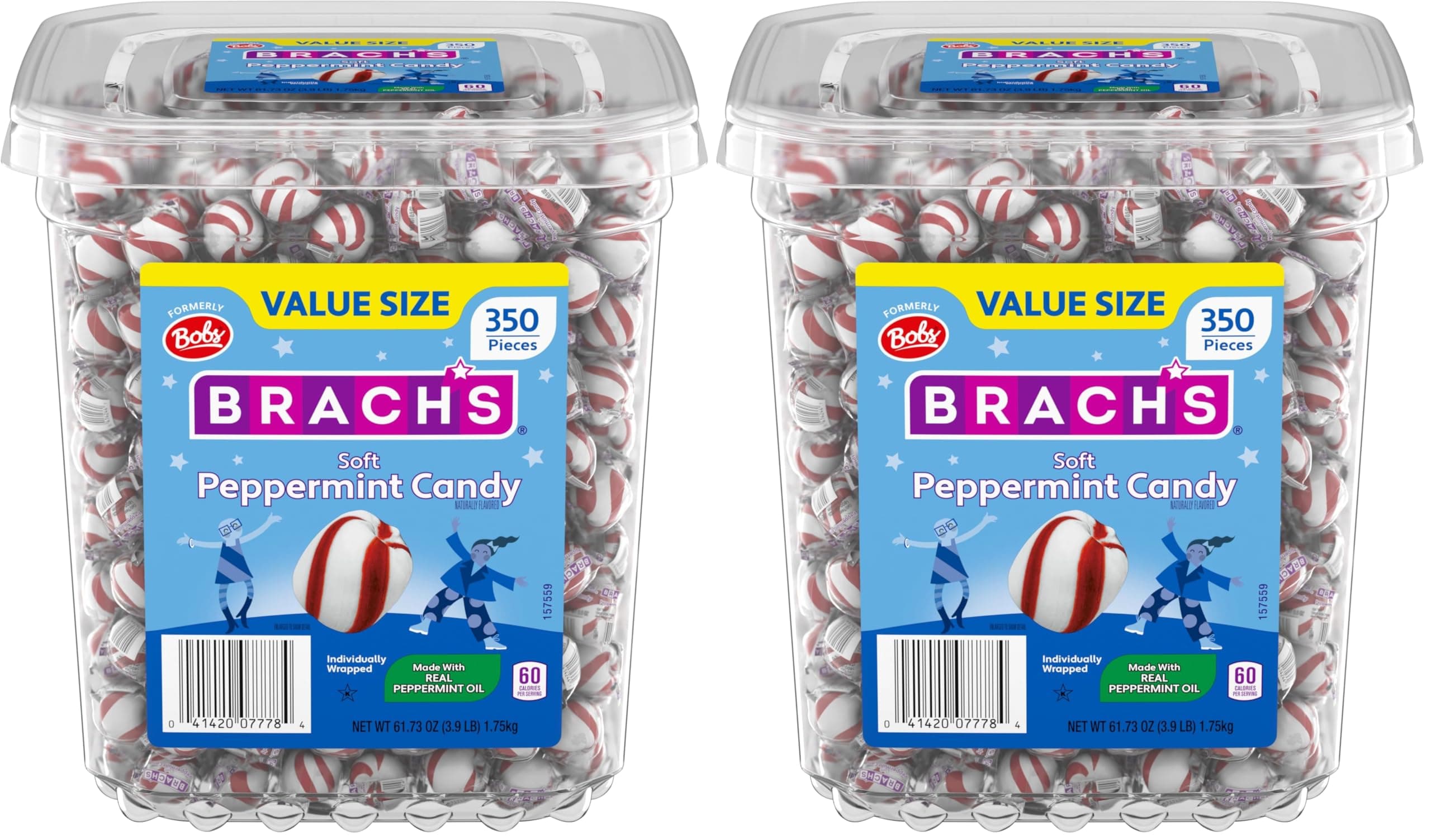 Brach's Bobs Sweet Stripes Soft Peppermint Candy, Individually Wrapped Pieces, 3.9 Lb Tub (350 Count) (Pack of 2)