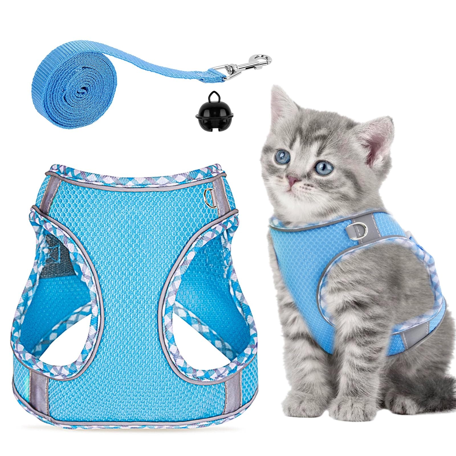 Cat Harness and Lead Set, Breathable Mesh Kitten Harness, Adjustable Escape-Proof Cats Vest with Leash, Reflective Pet Vest for Small Animals Rabbit Puppy - Blue