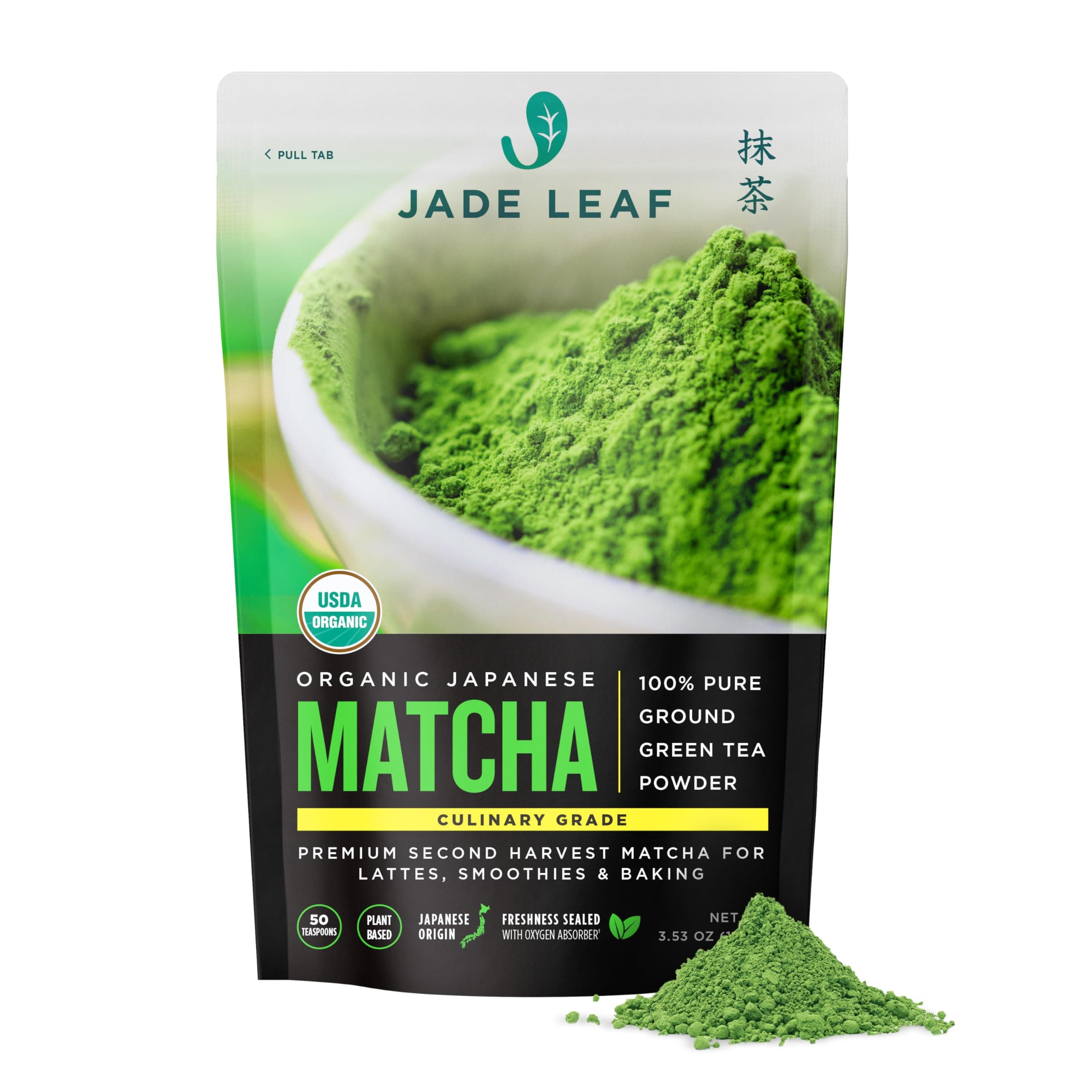 Jade Leaf Matcha - Organic Culinary Grade - Premium Second Harvest - Authentic Japanese Origin (3.53 Ounce Pouch)