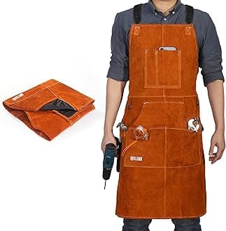 QeeLink Leather Welding Apron with Gloves for Men and Women, Work for Carpenter, Woodworker with 6 Pockets, Adjustable M to XXL