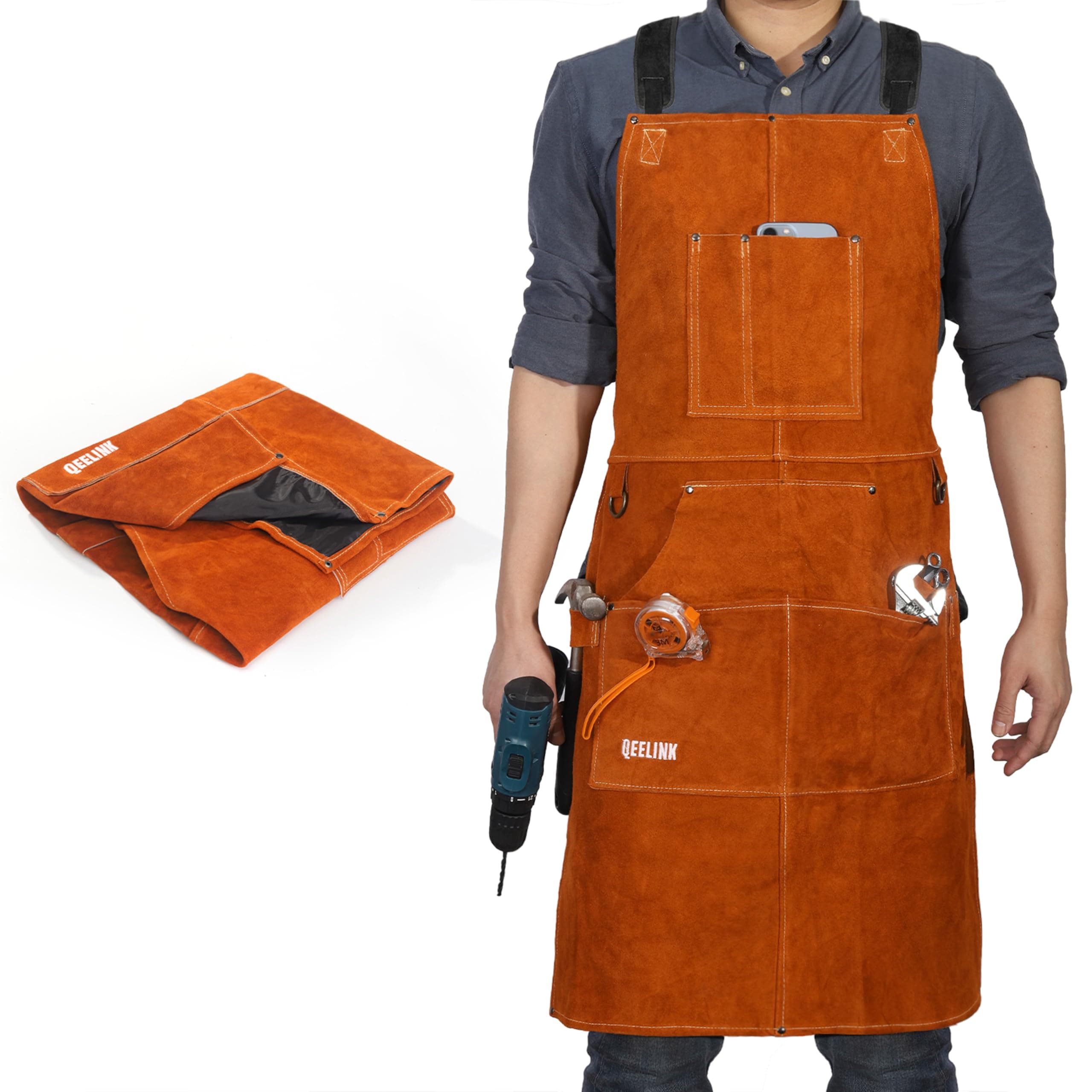 QeeLink Leather Welding Work Apron with 6 Tool Pockets, Heat & Flame Resistant Welder Aprons, 24" x 36", Adjustable M to XXXL