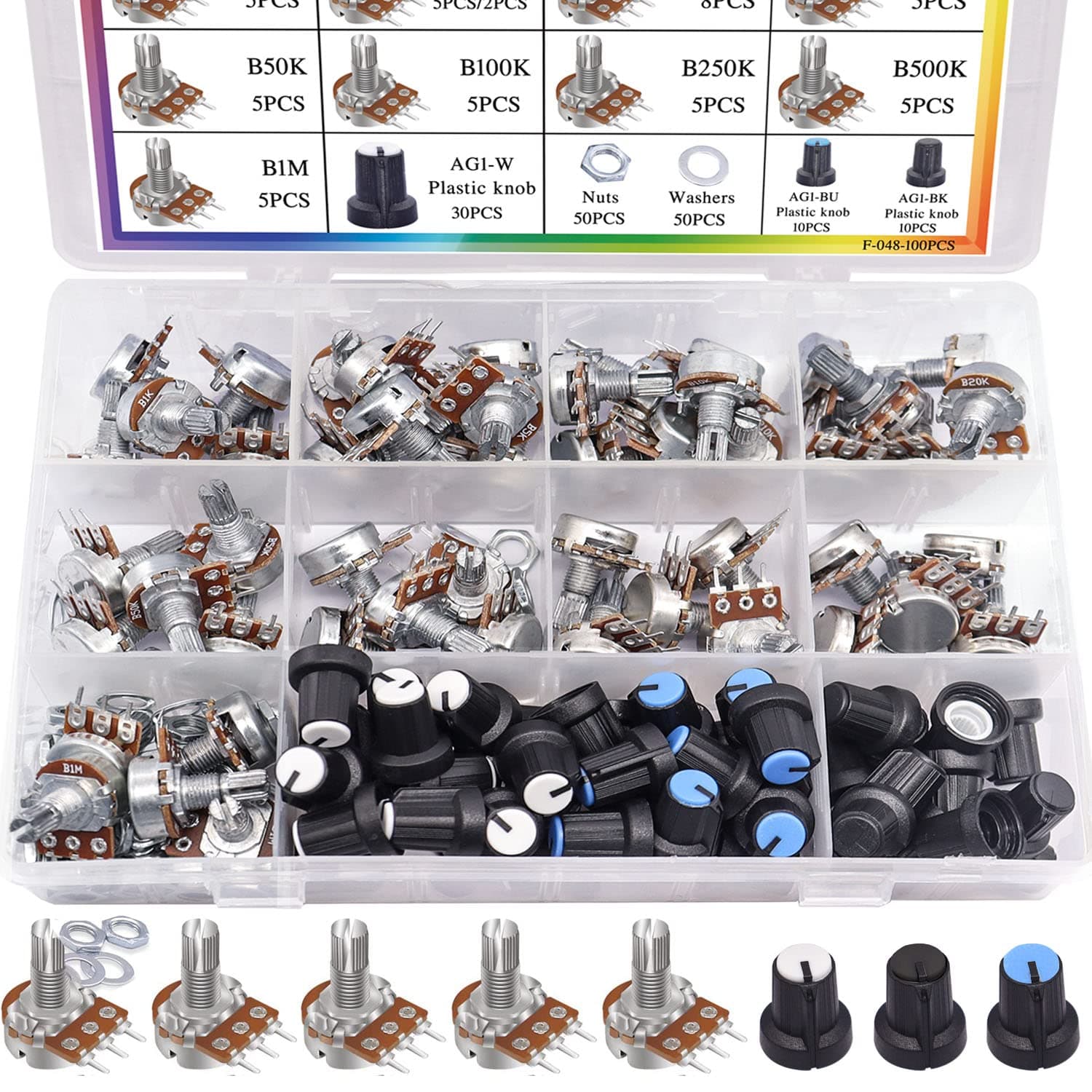 Taiss 200PCS Potentiometer Kit with Rotary knobs,WH148 B1K 5K 10K 20K 50K 100K 250K 500K 1M ohm potentiometers Single Linear Taper Rotary Audio B Type Potentiometer Assortment and Nuts, Washers