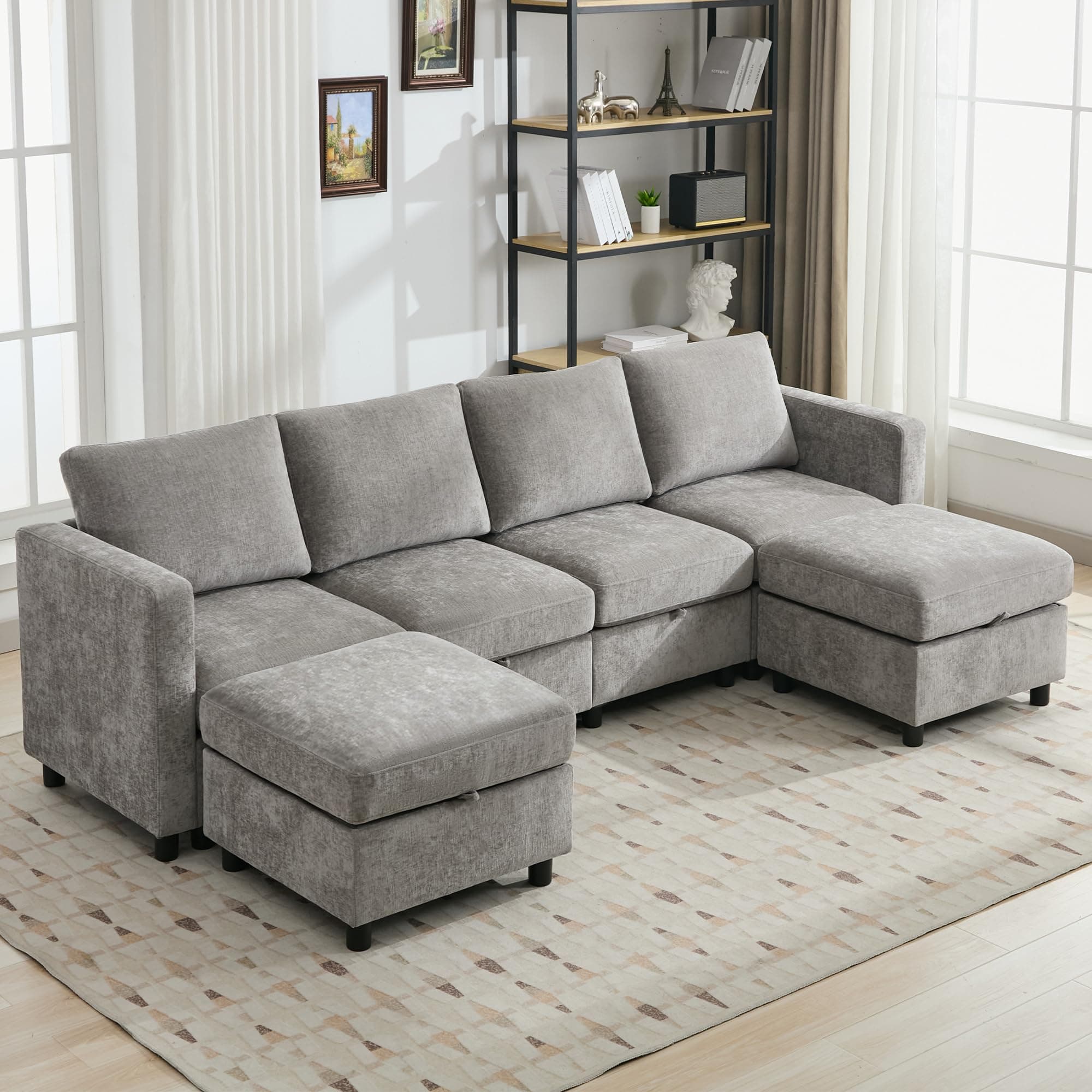 WUTUTUEE 107”Modular Sectional Sofa Convertible U Shaped Sofa Couch Set with Storage for Living Room, Modern 6 Seater Modular Sectional Couch with Movable Ottoman, Chenille(Light Grey)