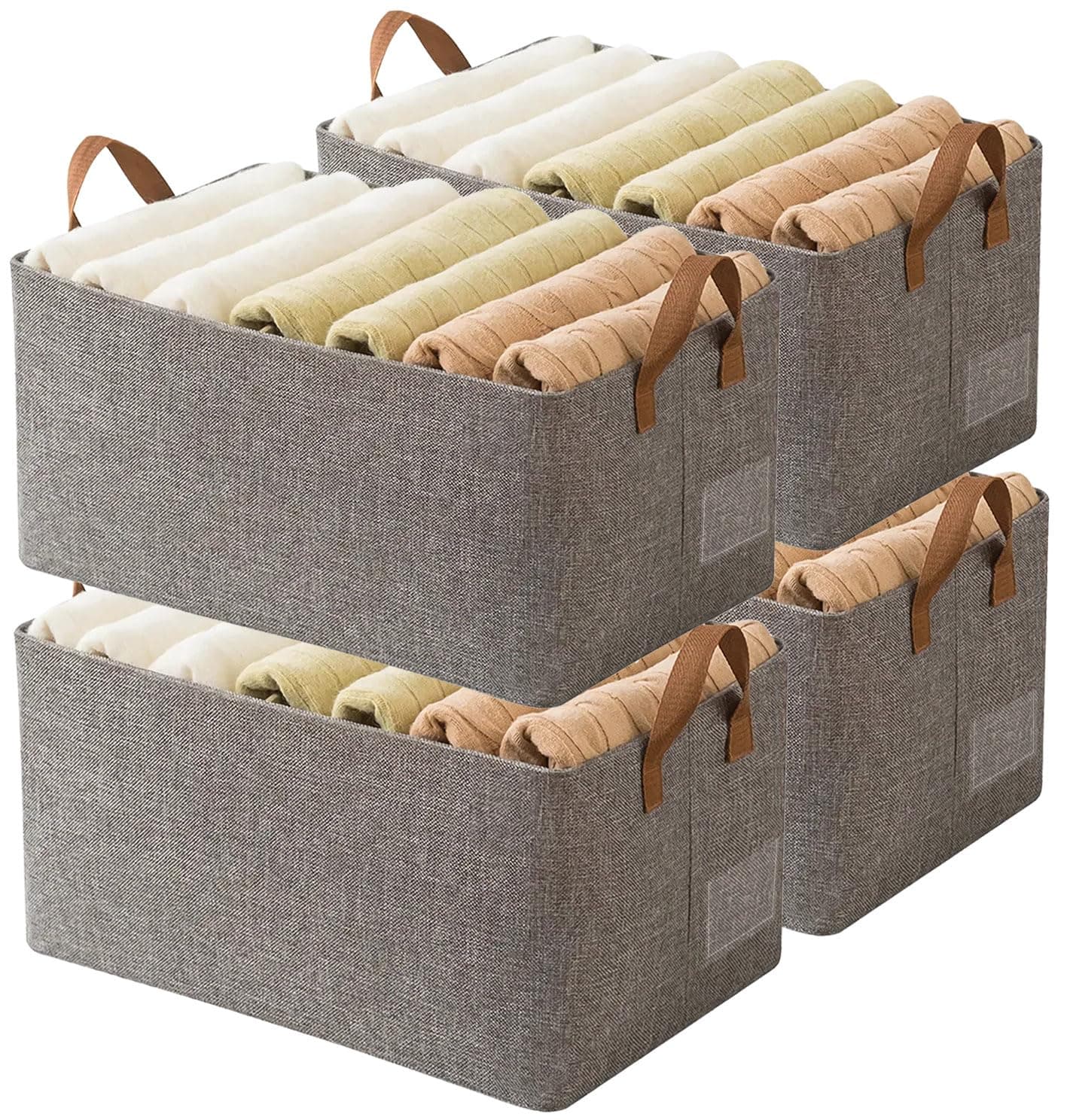 AARAINBOW Linen Closet Organizer Storage Bin with Steel Frame, Stackable Fabric Jeans Baskets for Shelves, 4 Packs Foldable Wardrobe Clothes Box for Sweater Pants Towel Shirt Storage, 23L Gray