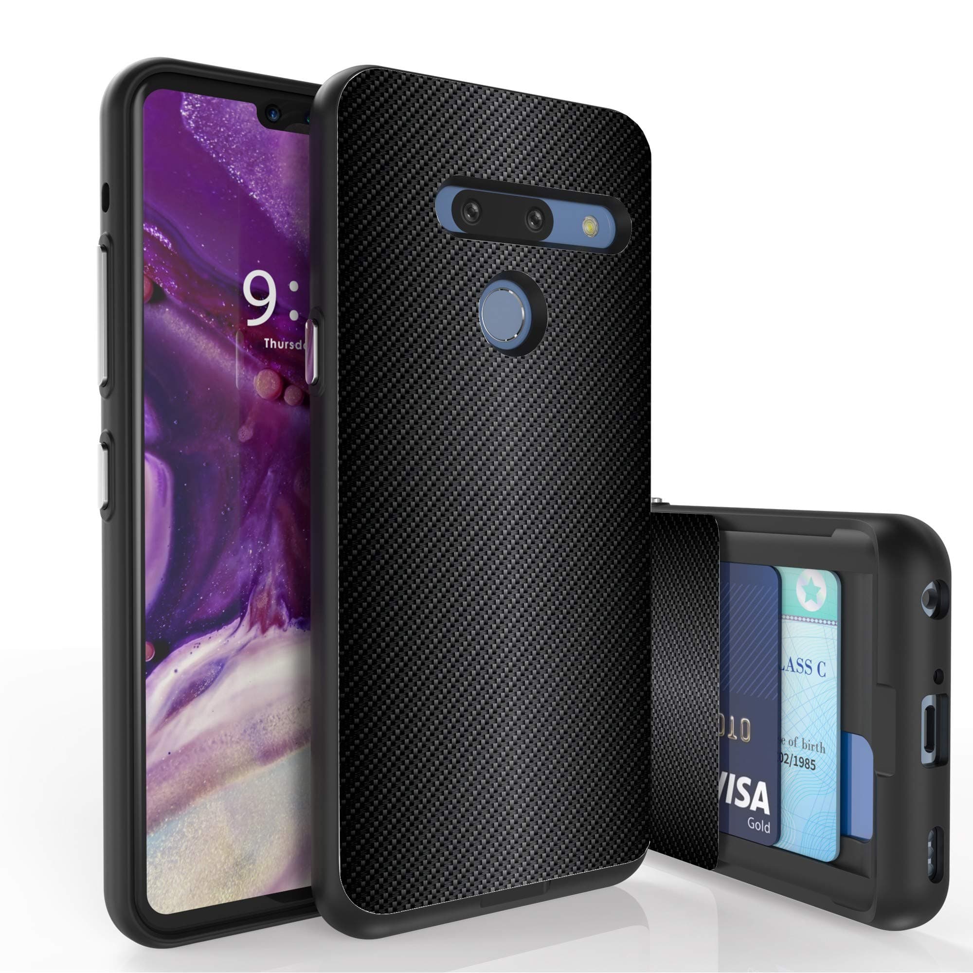 Slim Wallet Case + Dual Layer Card Holder PimpCase Compatible with LG G8 ThinQ (Released 2019) Carbon Fiber Print