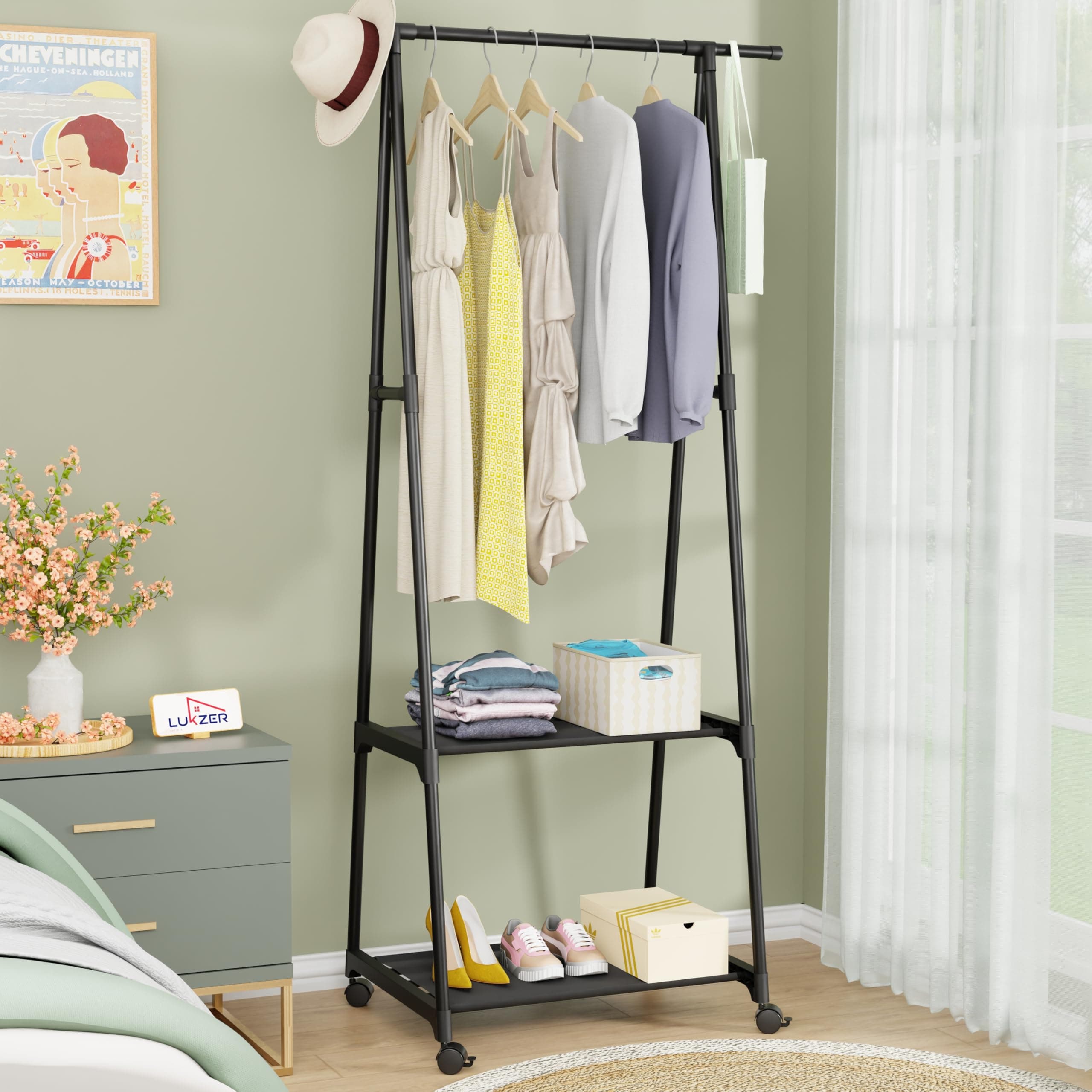 A-Shape MGR-010/Black Garment Rack | Multipurpose Coat Hanger, Clothes Organizer with 2 Bottom Shelves, Space-Saving Storage, Stylish Home Decor, Clothing Display (160 x 55 x 42cm)