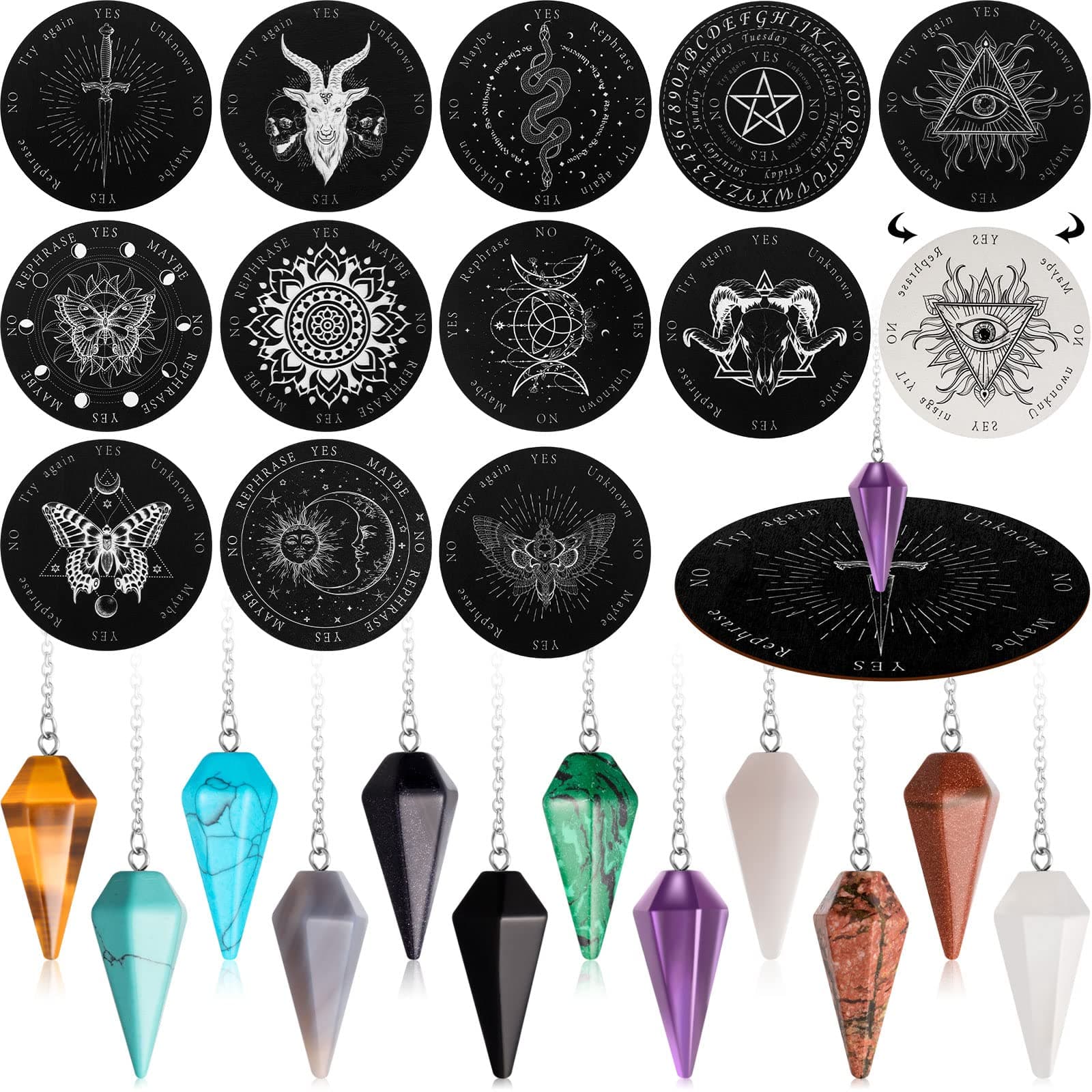 Meooeck 24 Pieces Crystal Pendulums Bulk Set Pendulum Board and Dowsing Pendants Divination Tools Wooden Communication Board for Beginners Witchcraft Altar Supplies, White and Black