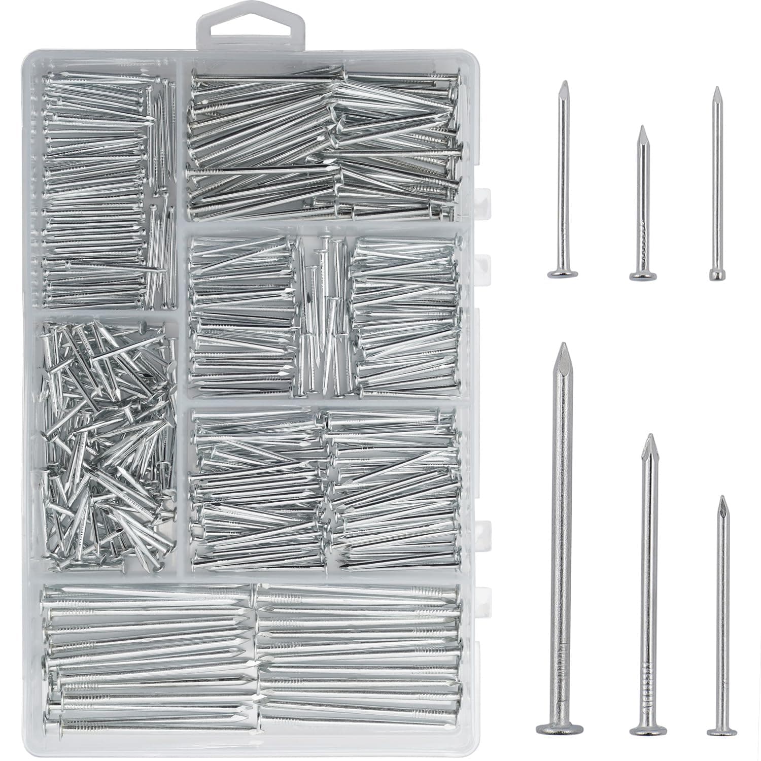 376pcs Premium Hardware Nails Assortment Kit, Maximum Length 2 Inches Galvanized, Picture Hanging, Wood, Wall With Storage Box | 6 Sizes