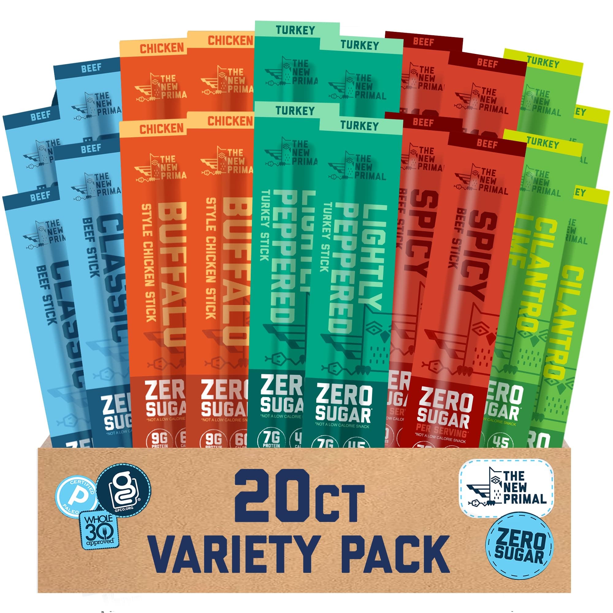 New Primal Meat Sticks Sampler, Grass Fed Beef, All Natural Turkey and Chicken, Keto, Gluten Free Healthy Snacks for Adults, Sugar Free Low Carb High Protein Snack, Jerky Gift Basket, Paleo Whole30, Variety Pack, 20 Count