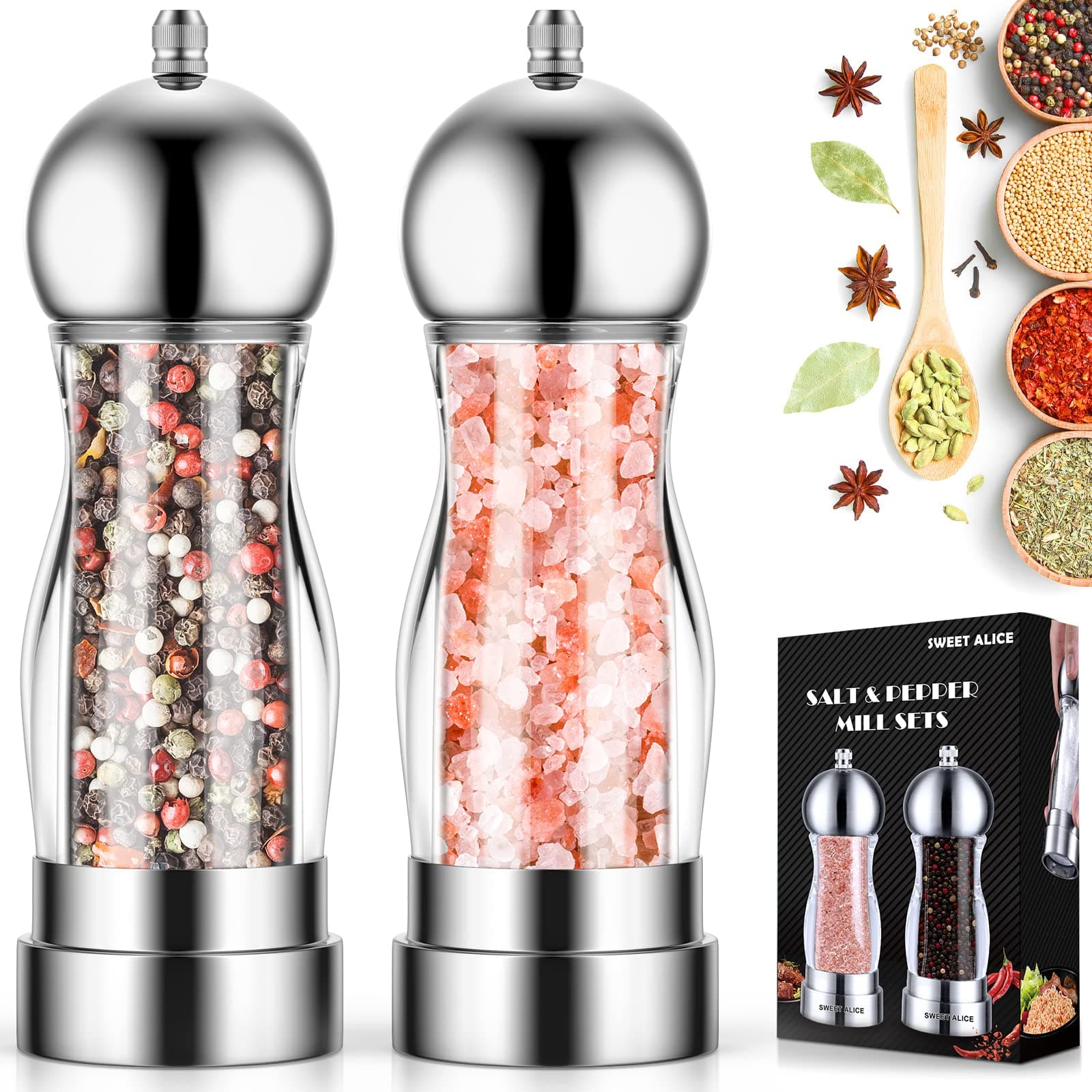 Pepper and Salt Grinder Set, Refillable Acrylic Pepper Mill Set, Easy to Adjust the Coarseness- 6 inches (silver)