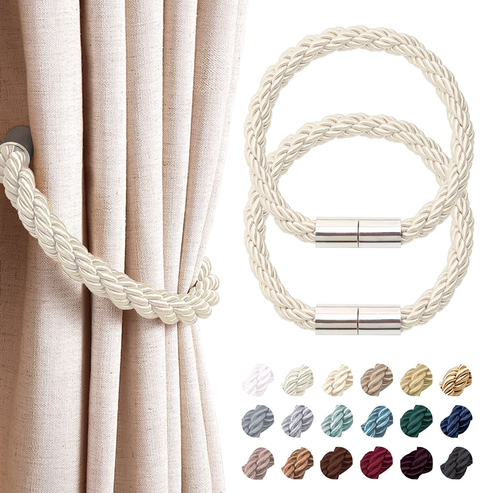 NICEEC 2 Pack Strong Magnetic Curtain Tiebacks Modern Simple Style Drape Tie Backs Convenient Decorative Weave Rope Curtain Holdbacks for Thin or Thick Home & Office Window Draperies (Beige)