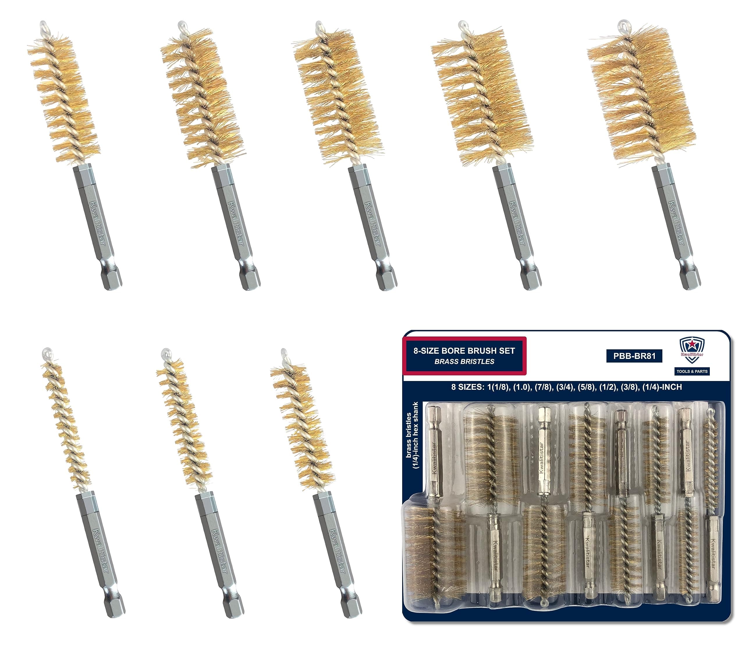 8-Size Bore Brush Set, Brass / Copper Wire Brush for Power Drill, Drill Brush Set, Metal Brush, Cleaning Brush, 1(1/8), 1.0, 7/8, 3/4, 5/8, 1/2, 3/8, 1/4 - inch Diameter, with 1/4-in Hex Shank