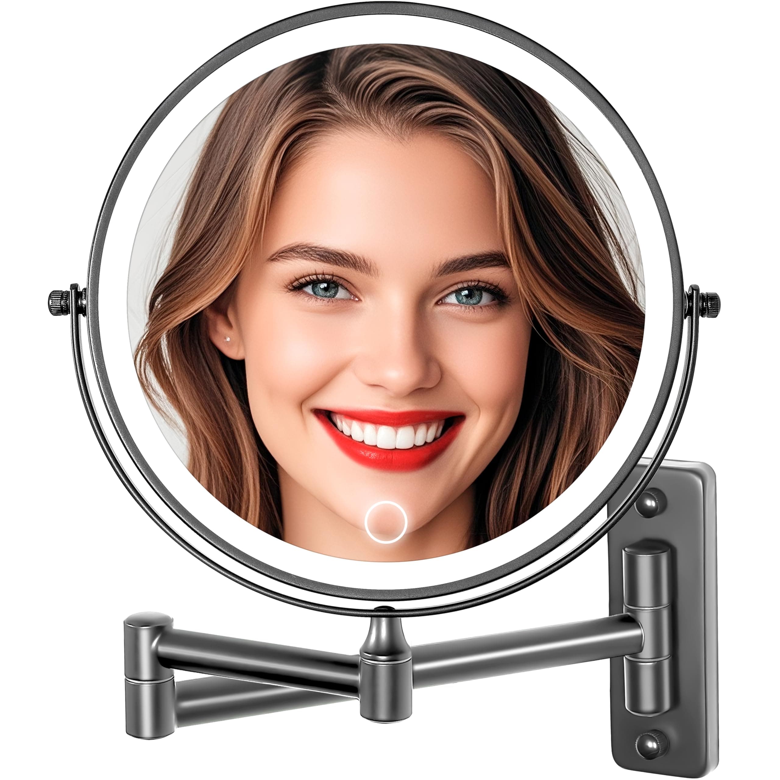 Rechargeable Wall Mounted Lighted Makeup Vanity Mirror, 8 inch 1X/10X Magnifying Mirror with 3 Color Lights, 17 Inch Extendable Bathroom Mirror Nickel, Dimmable 360° Swivel Shaving Light up Mirror