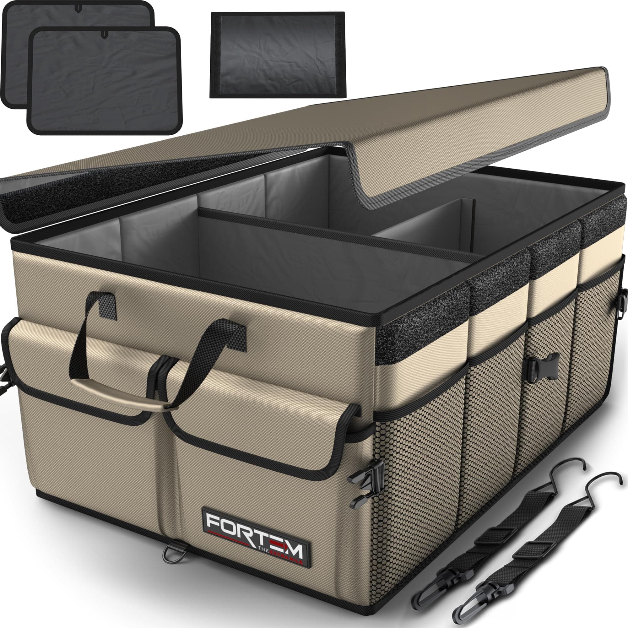 FORTEM Car Boot Organiser, Collapsible Multi Compartment SUV Organizer, Foldable Storage for Car Accessories for Women Men, 600D Oxford, Non Slip Bottom, Securing Straps, Soft Cover (65L)