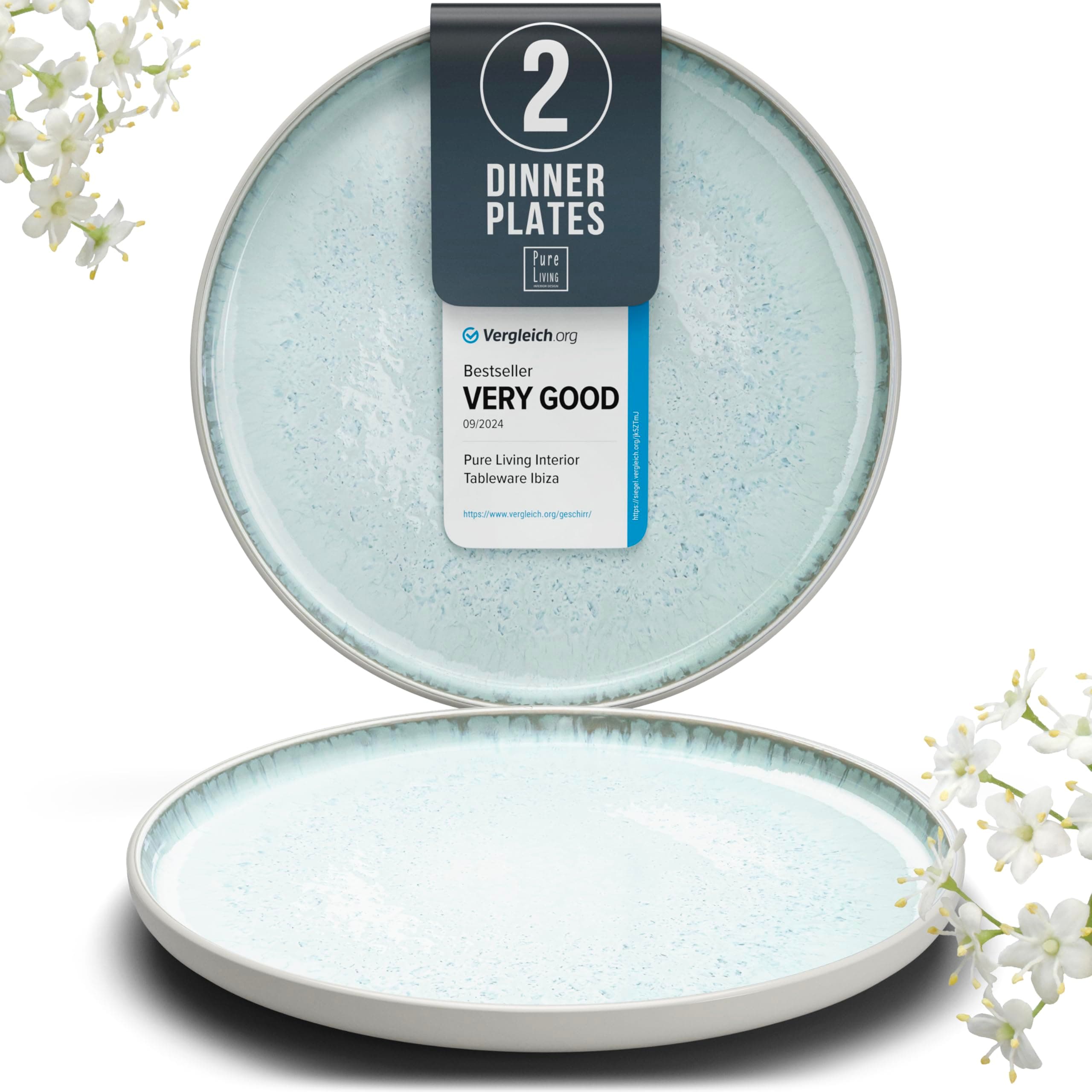 Stoneware dinner plates set 2 pcs – Light beige & blue stylish plates – Dishwasher, microwave and scratch resistant – Small salad & cake plates – Dinner service Pure Living