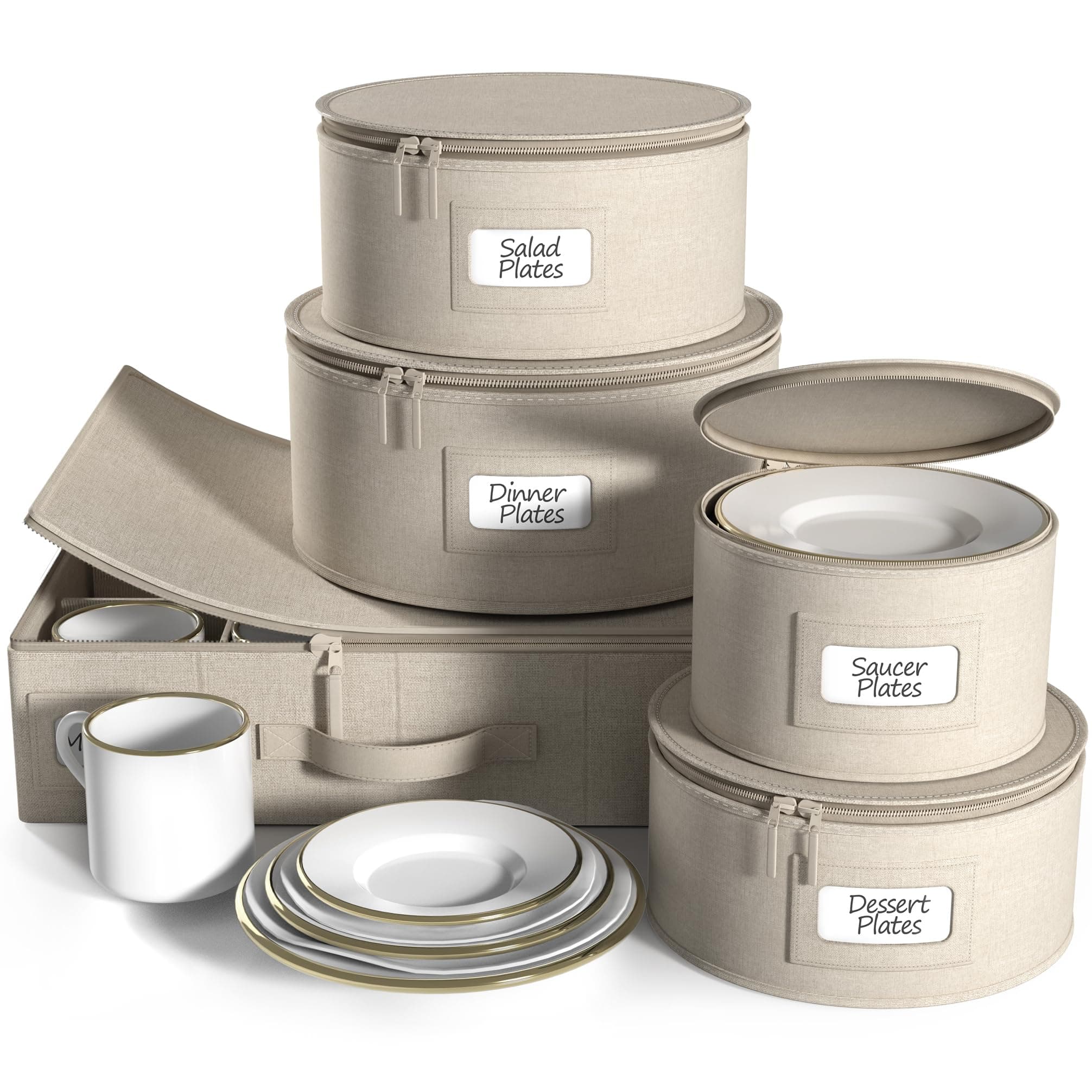 Hard Shell Stackable Beige Dinnerware Storage Set - 5 Pc. Glass & Dish Containers for Transport, Moving, Party - Felt Plate Protector included