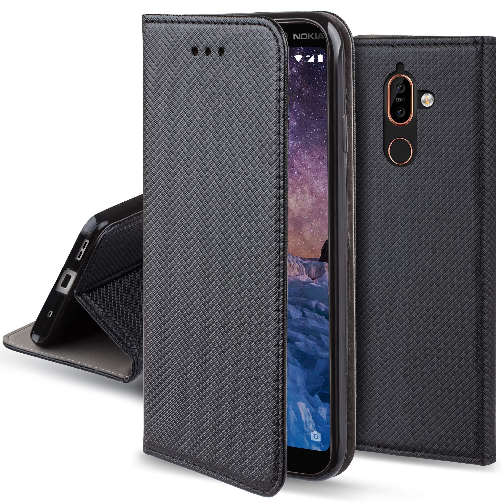 Moozy Case Flip Cover for Nokia 7 Plus, Black - Smart Magnetic Flip Case with Folding Stand
