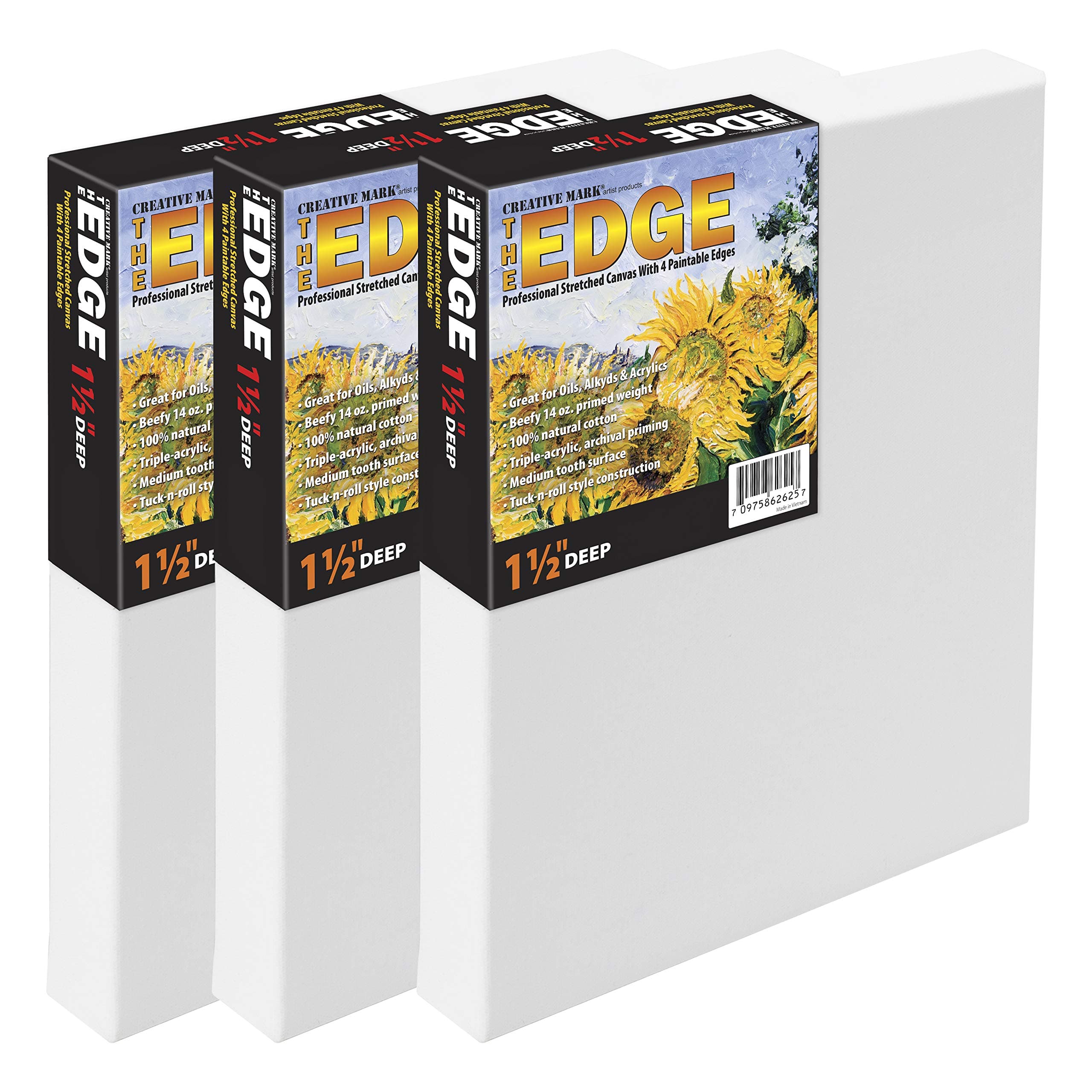 Creative MarkThe Edge Deluxe Cotton 1-1/2" Deep Stretched Canvas for Painting, 18x18" Pack of 3, 14oz. Primed Weight, Universal Archival Priming, Medium Tooth, Frameless Artwork Canvas for Painters