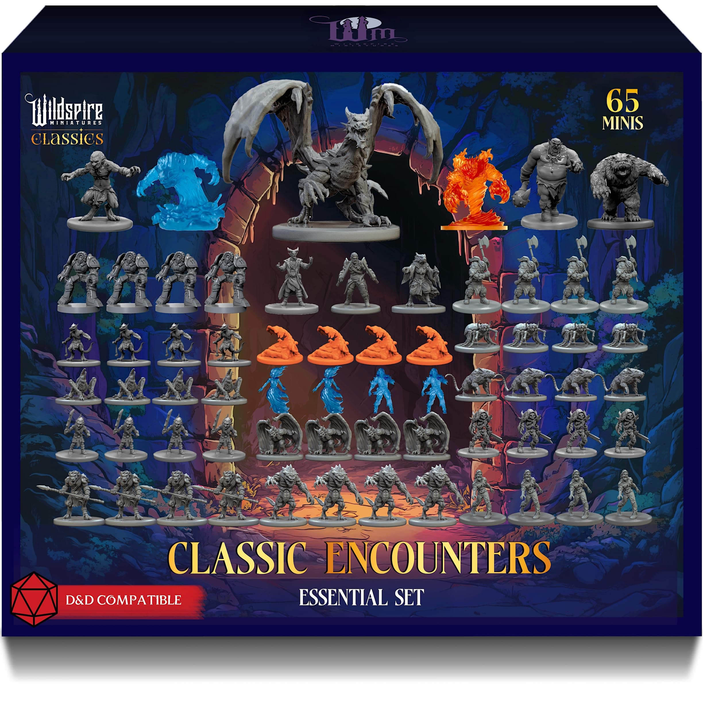 Wildspire Classic Encounters - Essential Set - 65 Iconic DND Miniatures Bulk Monsters, 28mm, Unpainted Tabletop RPG DND Minis Figures, Dungeon Dragons D&D Miniatures, Fantasy D&D Figures