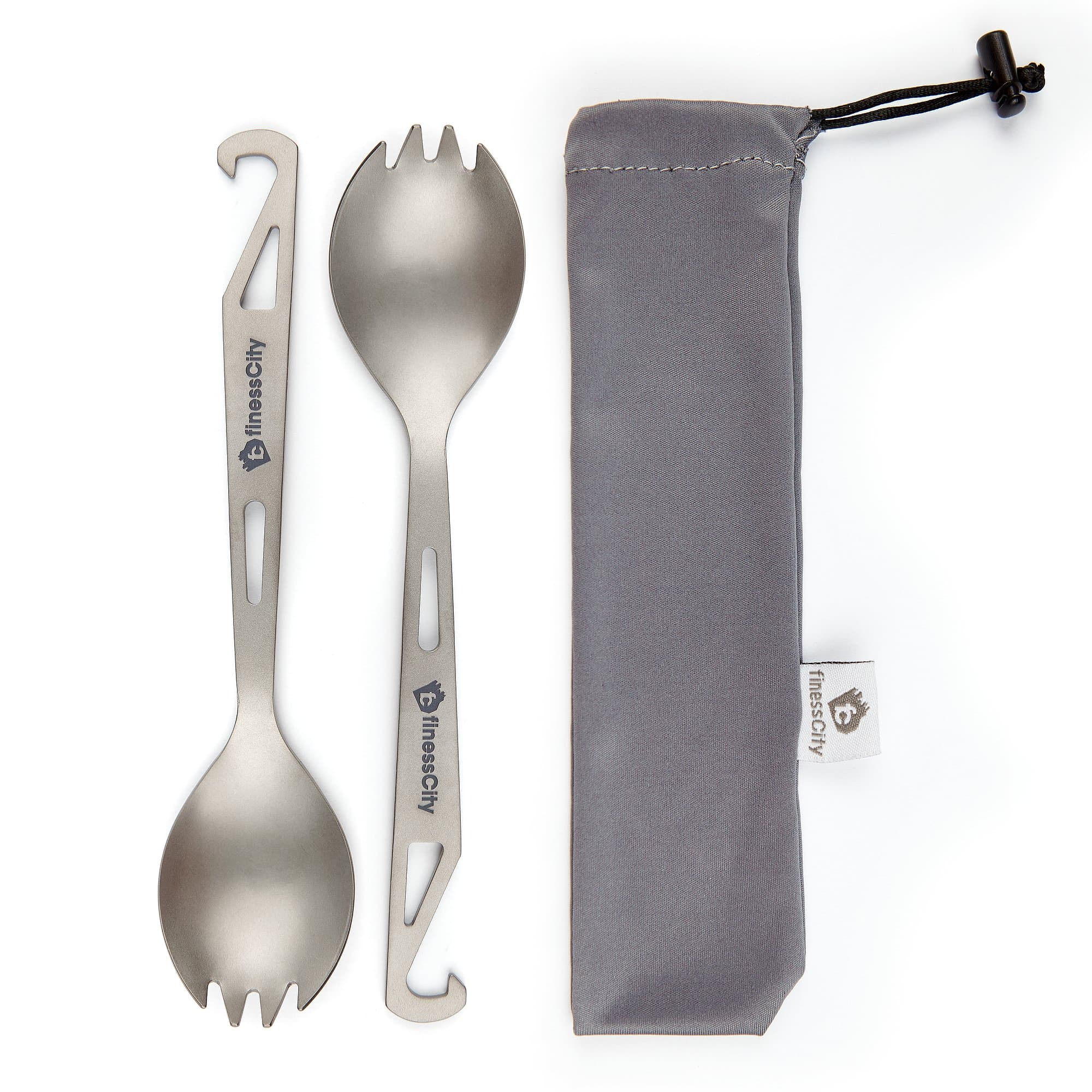Titanium Spork (Spoon Fork) with Bottle Opener Extra Strong Ultra Lightweight (Ti), Healthy & Eco-Friendly Spoon, Fork & Bottle Opener for Travel/Camping in Easy to Store Cloth Case