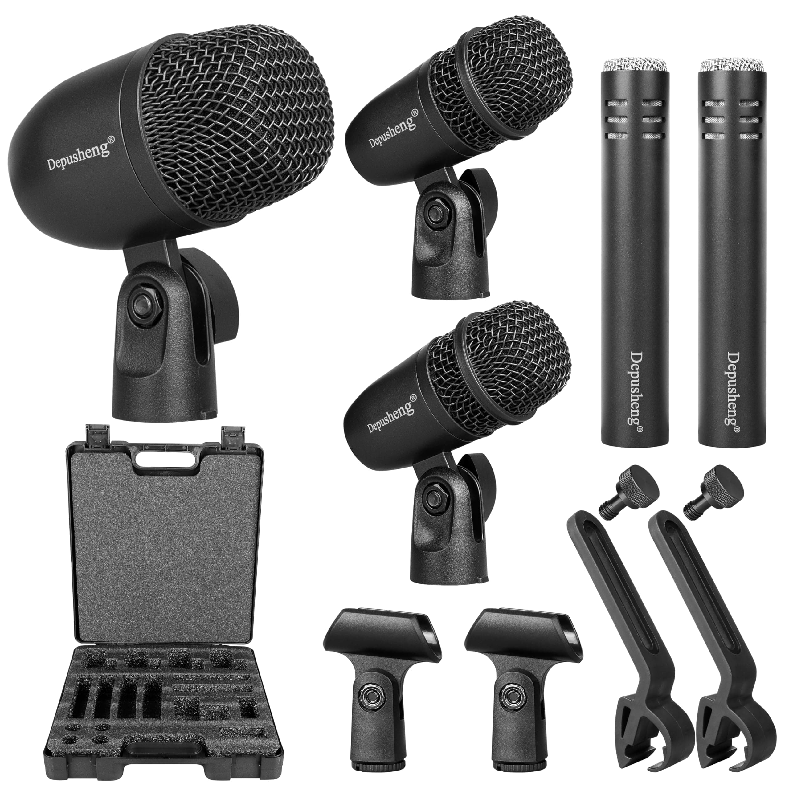 Depusheng 5-Piece Drum Microphone Set with 3 Dynamic Percussion Microphones and 2 Condenser Percussion Microphones, Ideal for Instrument Recording and Music Production