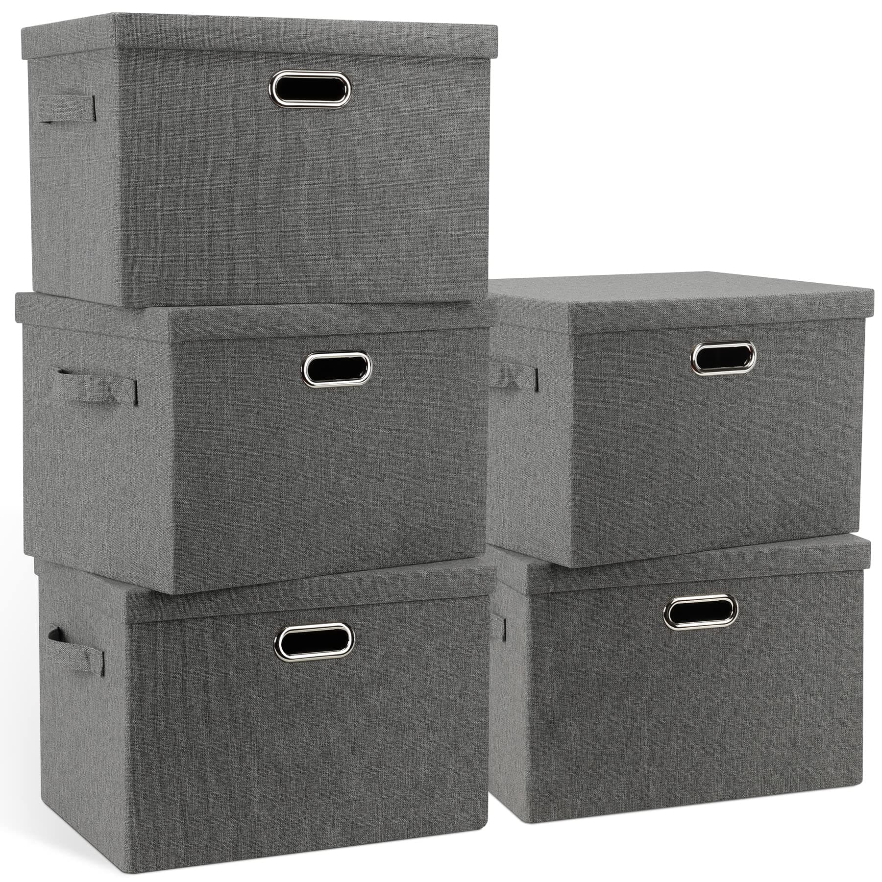 Large 17" 36 Quart Collapsible Stackable Storage Bins with Lids, 5 Packs Gray Foldable Fabric Closet Storage Boxes with Lids, Heavy-duty Linen Cube Baskets(17 x 12 x 11)