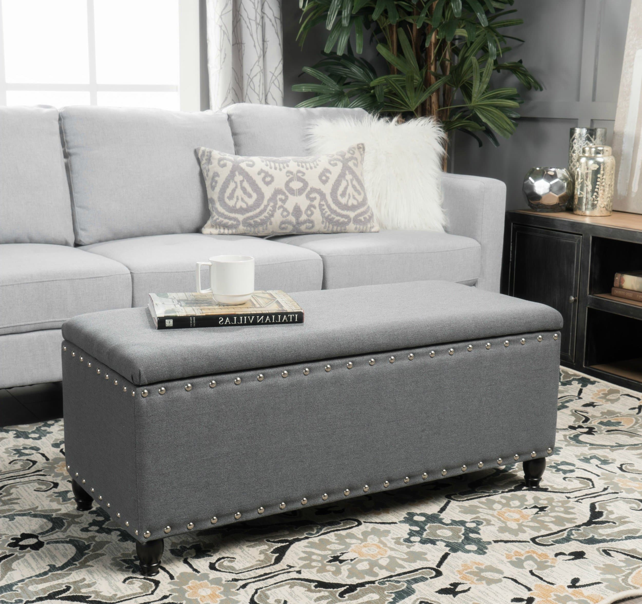 Storage Ottoman Bench Coffee Table Grey Nailhead Studded Fabric