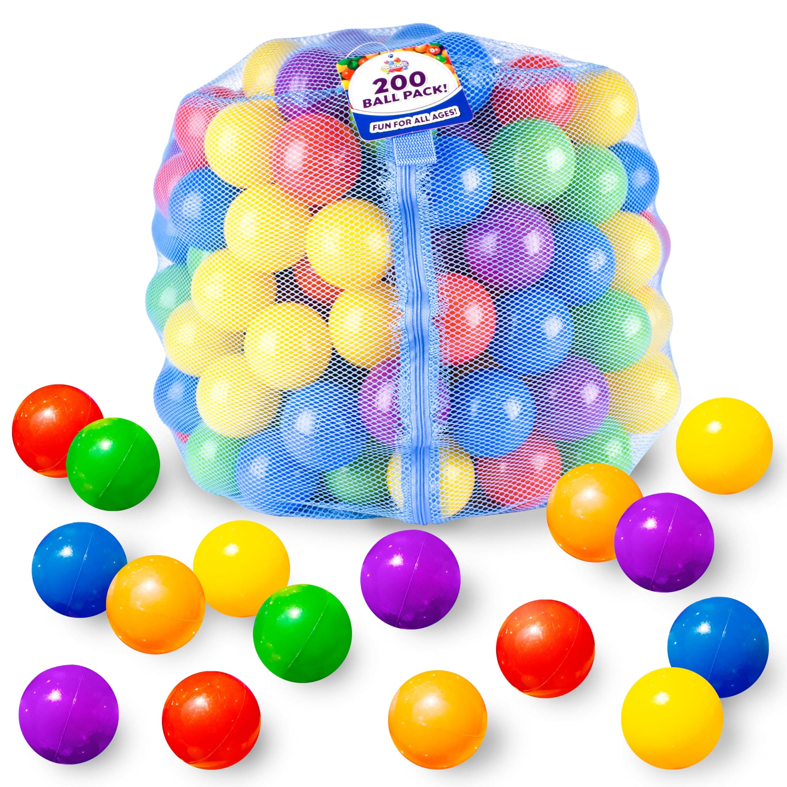 200 Count Plastic Balls for Ball Pit, Phthalate and BPA Free, Crush Proof Play Balls for Ball Pit, Pit Balls in Assorted Colors in Reusable and Durable Mesh Storage Bag with Zipper