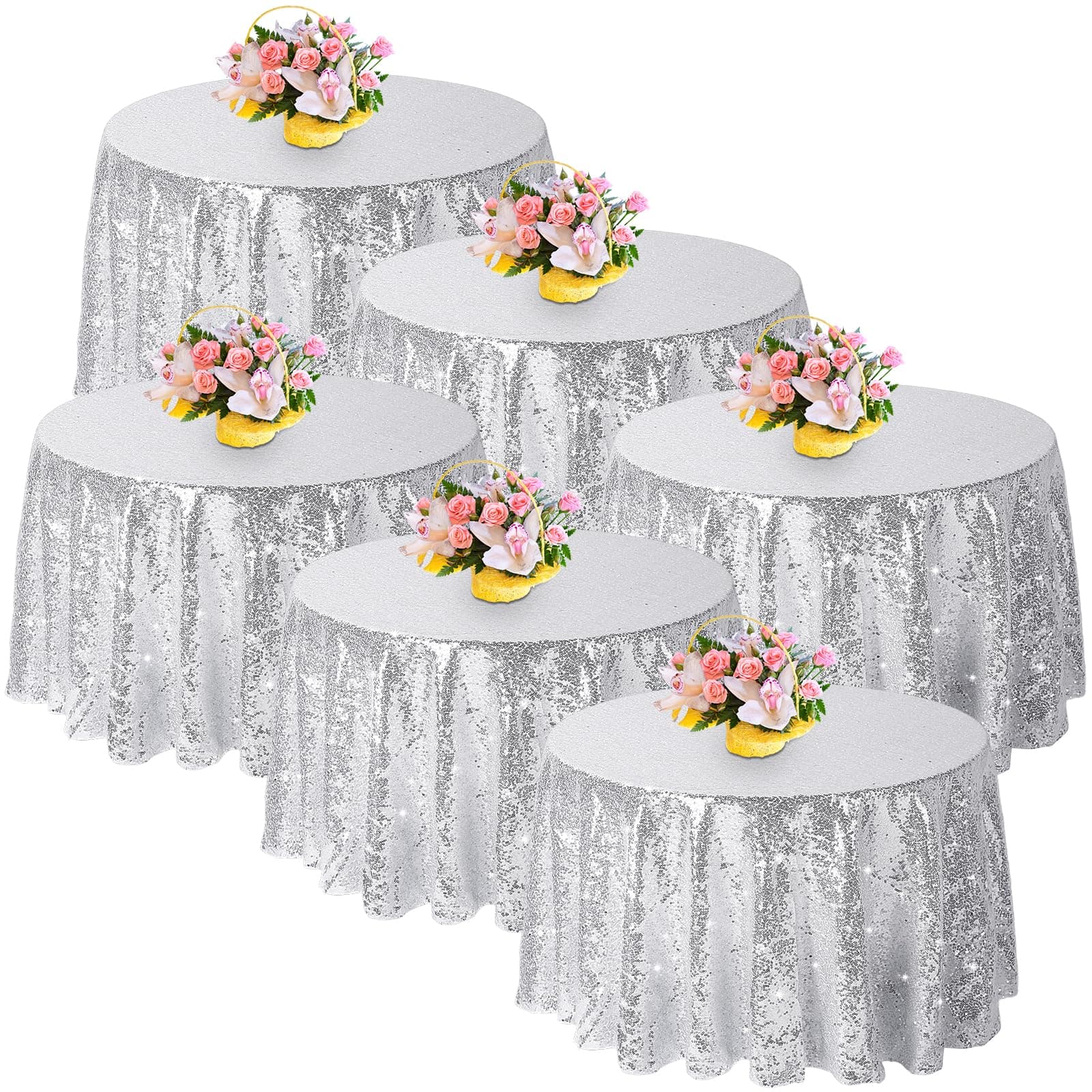 6 Pack 60 Inch Round Silver Sequin Tablecloth Overlays Glitter Table Cloth Wedding Table Decoration for 20-48'' Tables Sparkly Table Cover Linen for Bridal Baby Shower Birthday Party