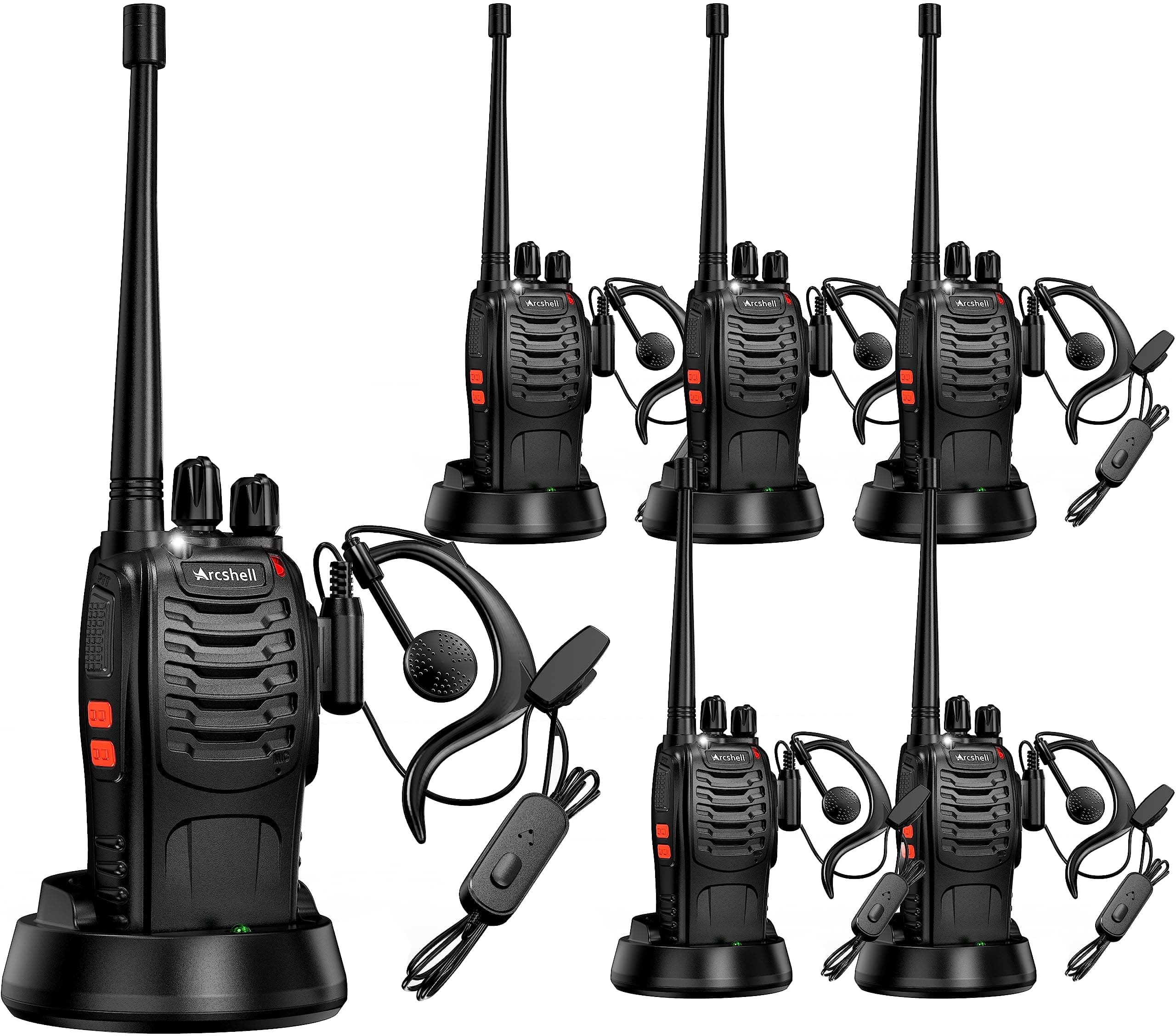 Rechargeable Long Range Two-Way Radios with Earpiece 6 Pack Arcshell AR-5 Walkie Talkies Li-ion Battery and Charger Included