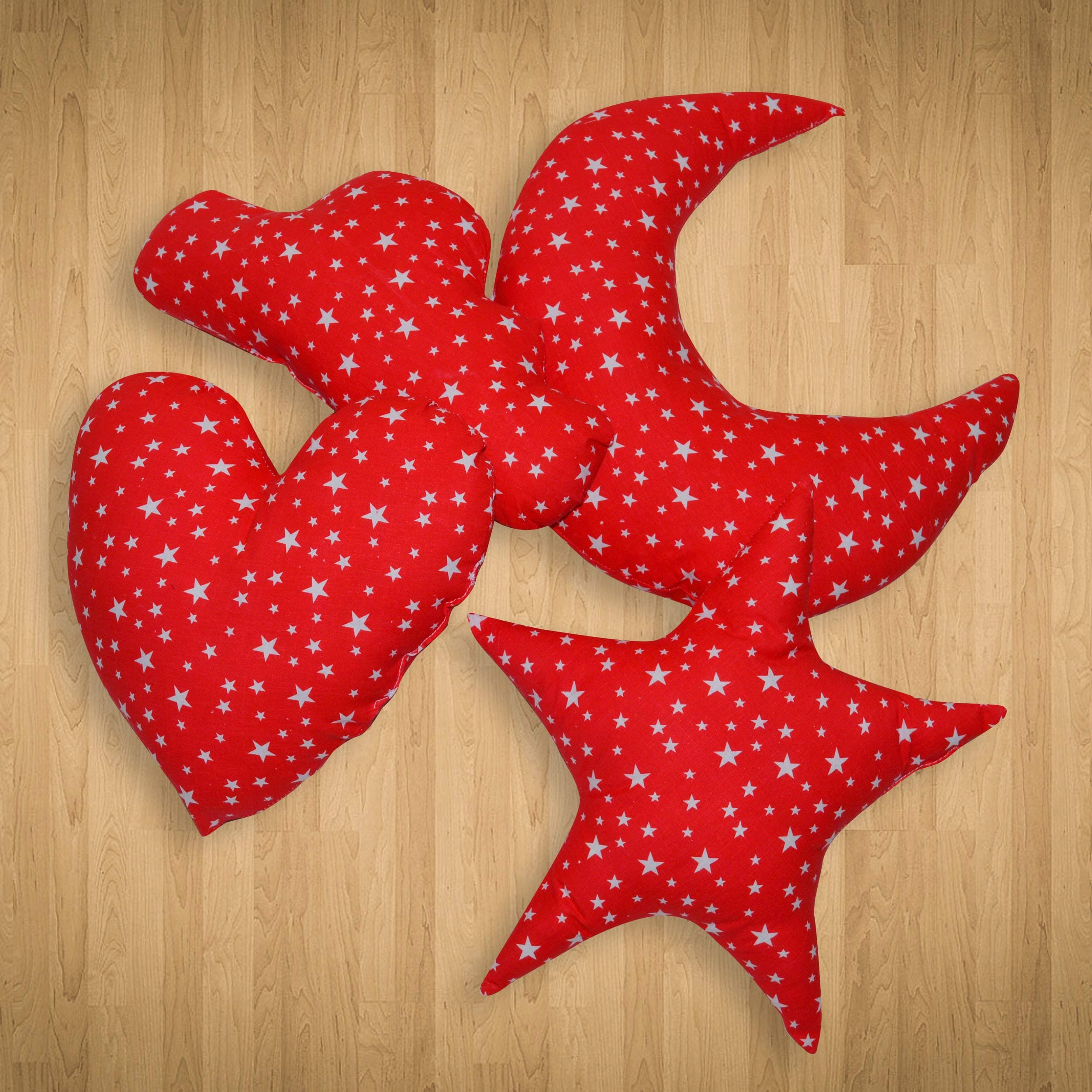 Creative Textiles Plush Cotton Shaped Cute Cloud, Moon, Star and Heart Soft Toy Pillow - Set of 4, Red