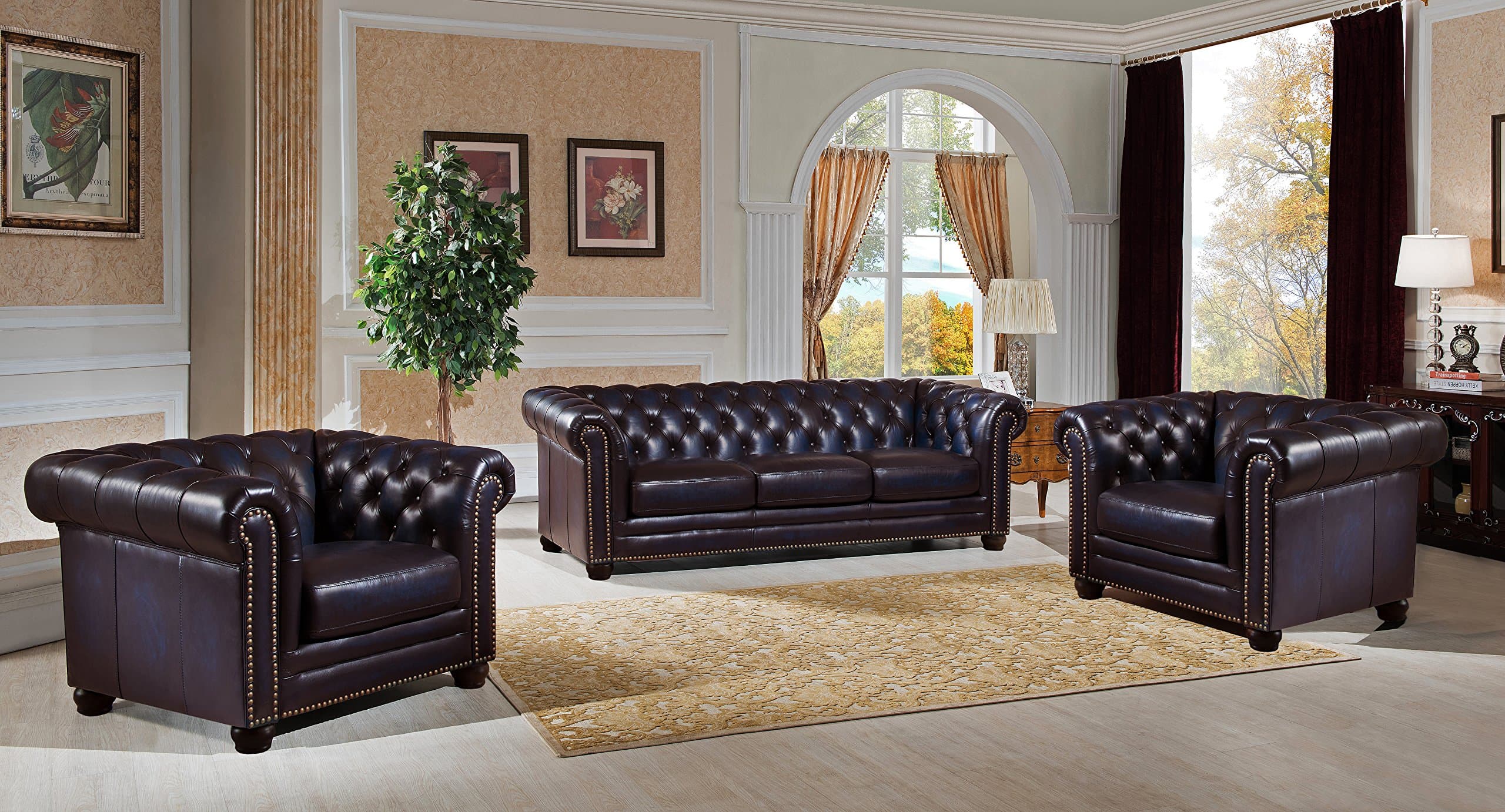 Hydeline Dynasty Three Piece Genuine Leather Sofa Set, Navy Blue