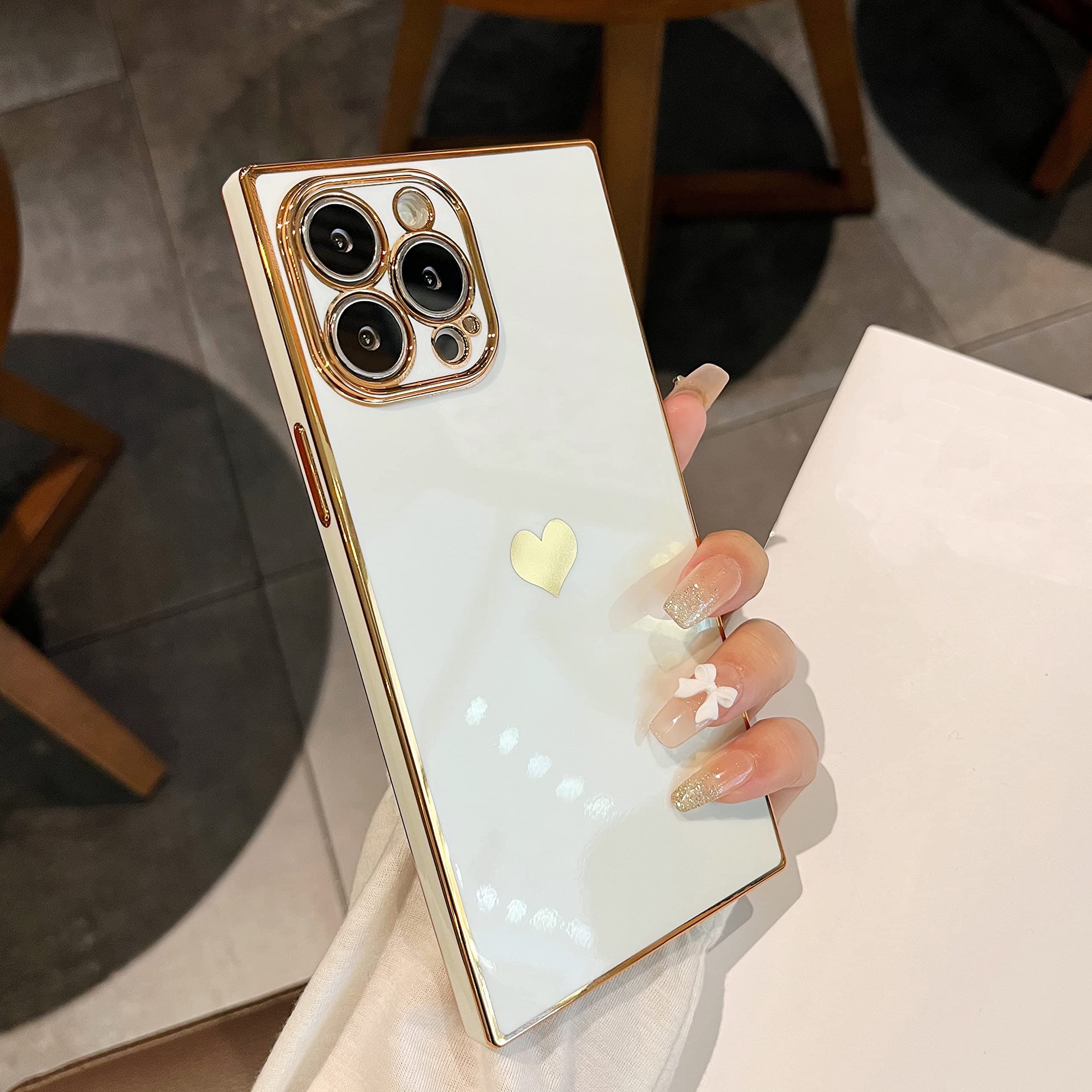 ZTOFERA Soft TPU Case for iPhone 13 Pro Max, Square Heart Pattern Reinforced Corners Electroplate Edge Case, Full Camera Lens Protective Shockproof Bumper Cover for iPhone 13 Pro Max 6.7 inch - White