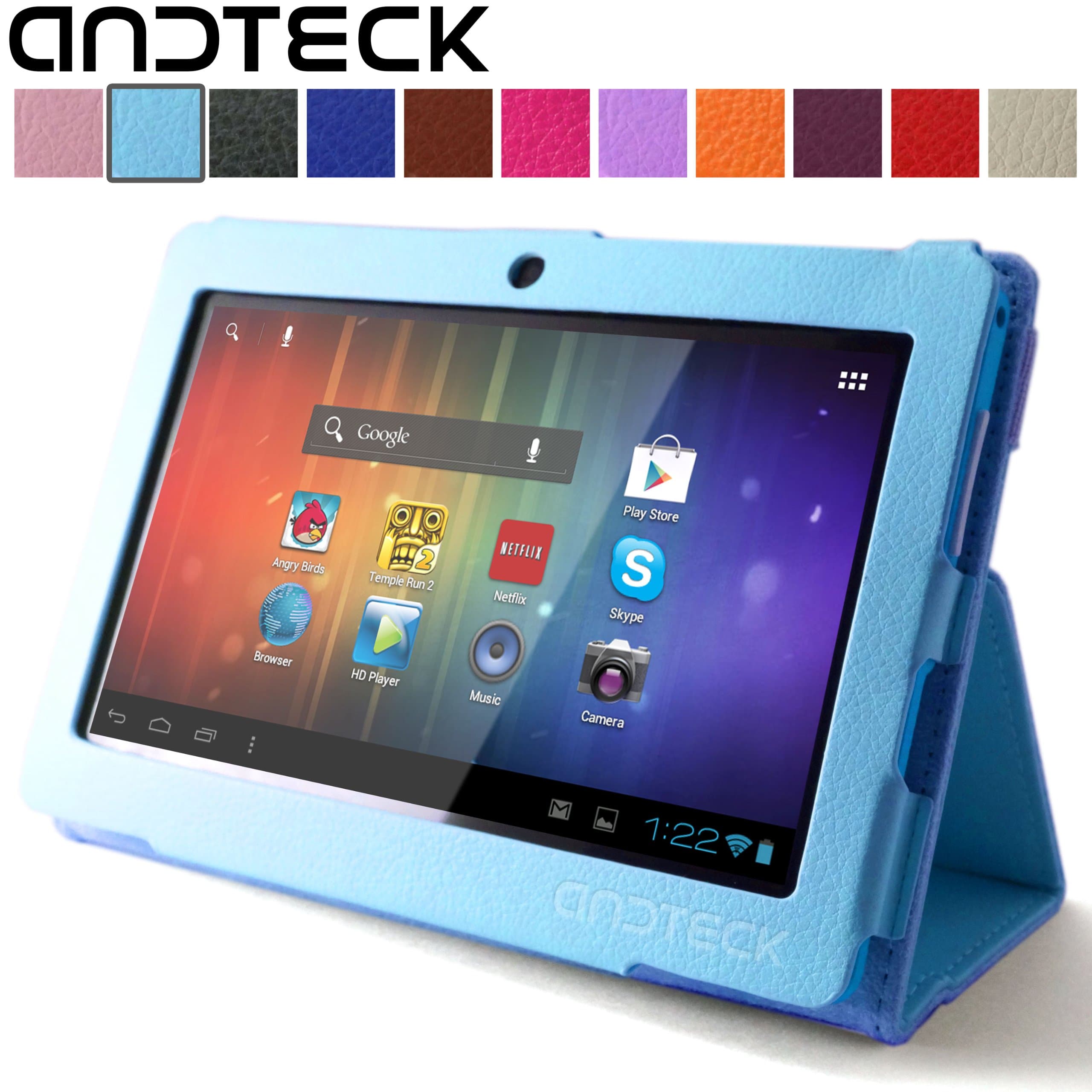Andteck Flip Leather Case for Zeepad 7.0, Dragon Touch A13 Q88, Y88, Chromo, FastTouch, Tagital, Noria Jr, Tab Nero 7" Tablet PCs w/Dual Camera [Protector/Stand] (Baby Blue)