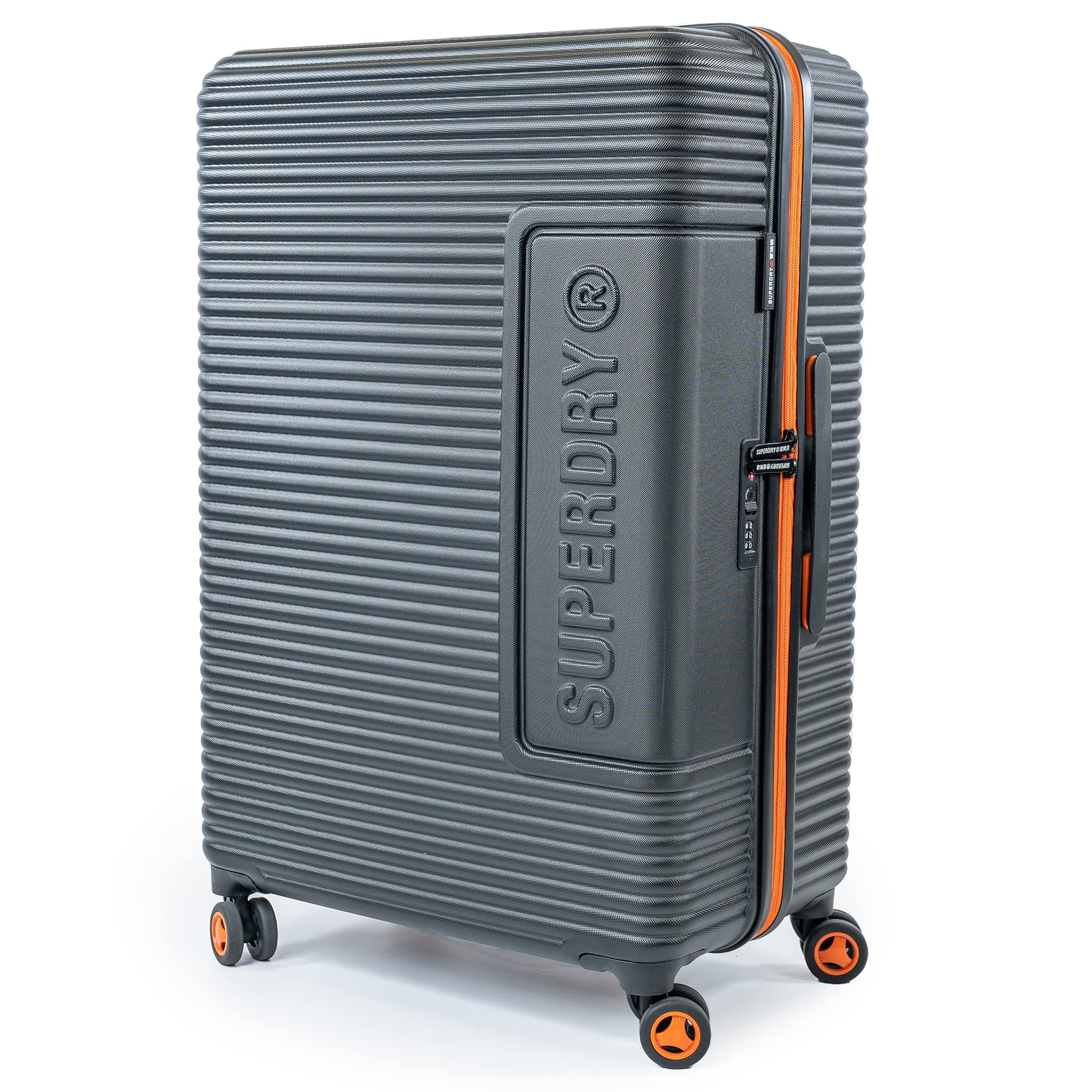 Superdry Hard Shell Travel Suitcases - Lightweight, Robust, TSA Locks, with 8 Smooth Spinner Wheels, Telescopic Trolley, Clothing Retention Straps & High Cap Luggage (Black/Orange, Medium)