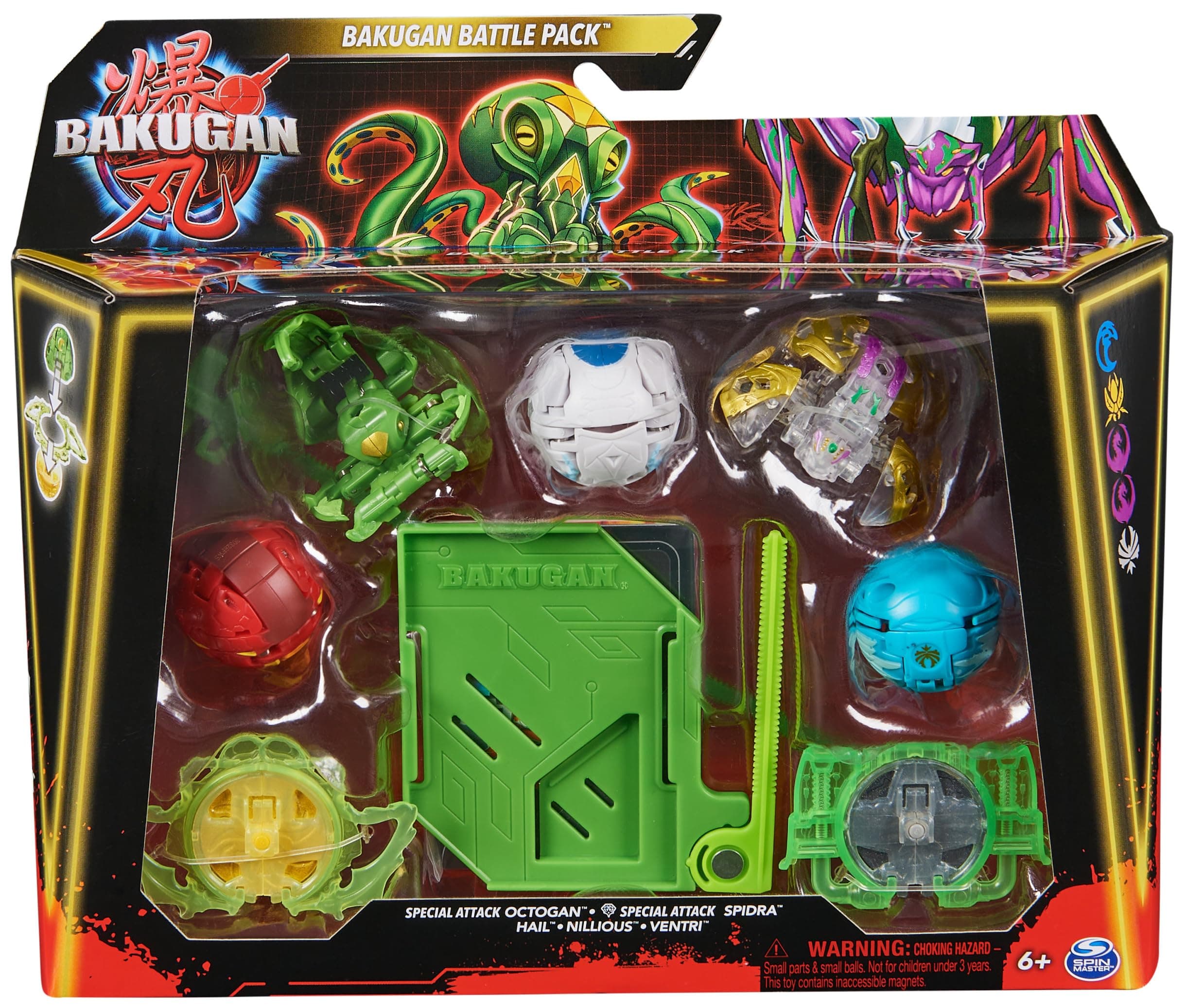 BAKUGAN Battle 5-Pack Special Attack Octogan, Spidra, Hail, Nillious, Ventri, Personalised Swirling Action Figures, Kids Toys for Boys and Girls