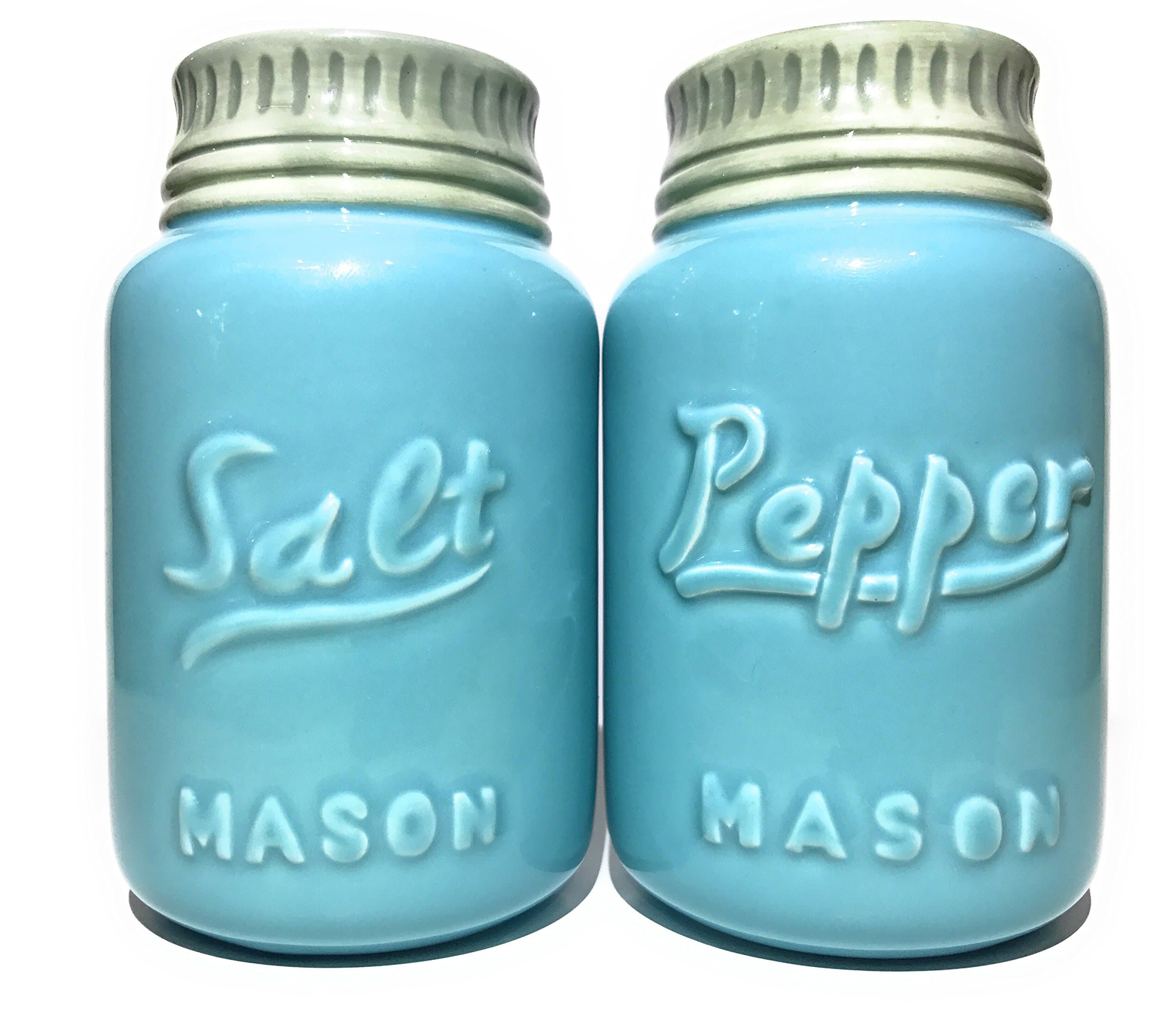 Rustic Ceramic Mason Jar Salt and Pepper Shaker Set - Vintage Style Blue - Retro Antique Farmhouse Decor - Nostalgic Country Ranch Home Kitchen Decoration Cabin Coffee Shop Cafe or Diner Shabby Chic