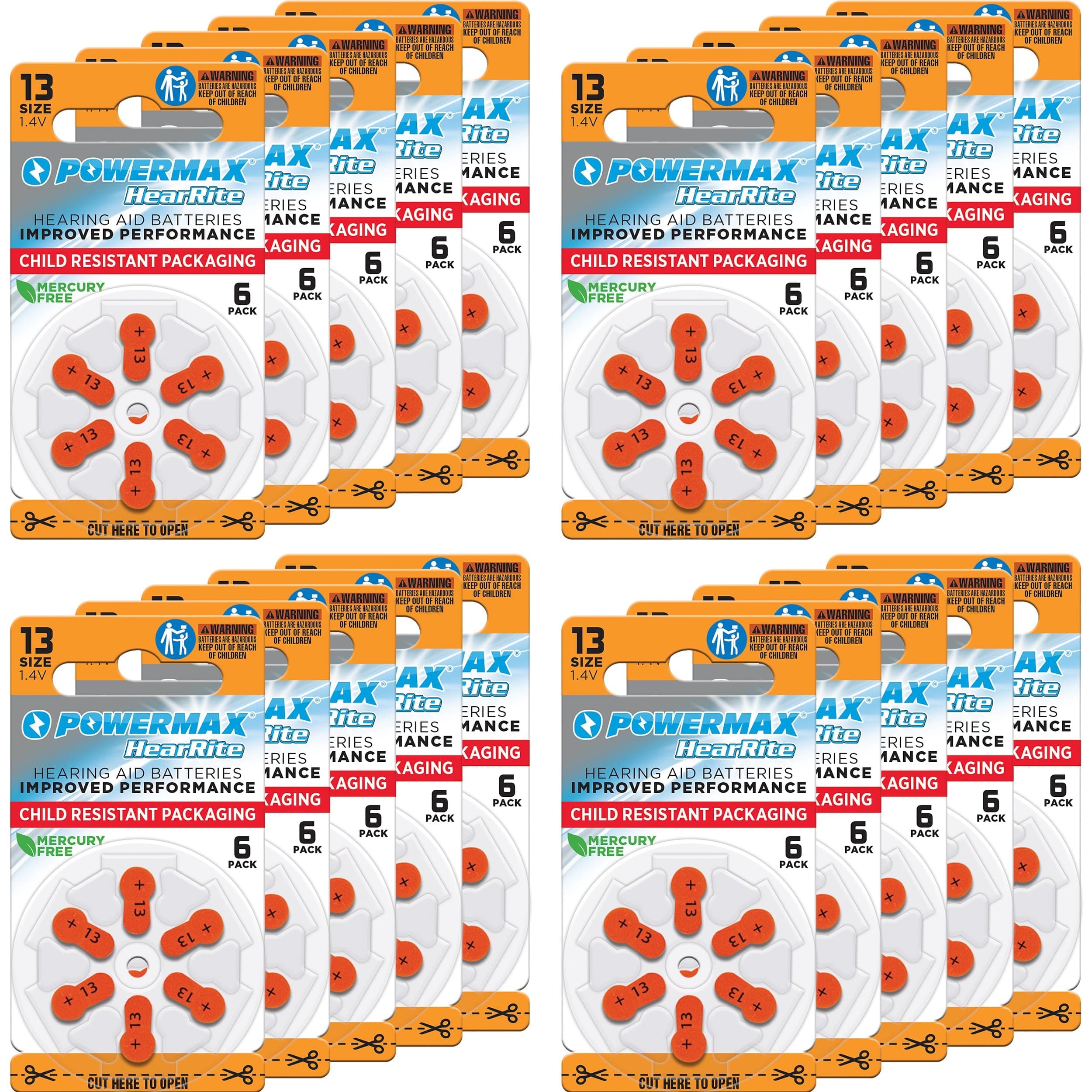 Size 13 Hearing Aid Batteries, Orange Tab, 128 Count