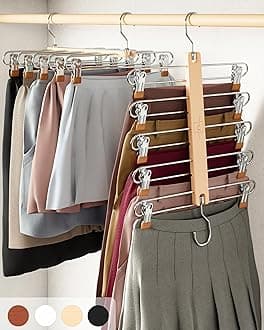 MORALVE Skirt Hangers Space Saving with Clips - 2 Pack - European Beechwood 5-Tier Hanger for Shorts, Skirts, and Trousers - Wardrobe Organizer and Storage Solution for Women with 360° Swivel Hook