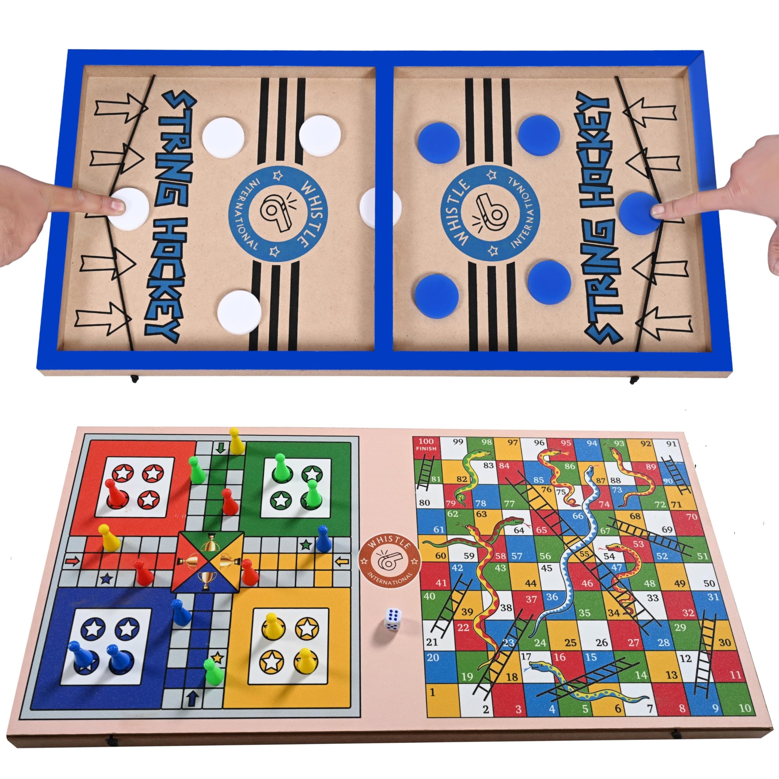 3 in 1 Ludo, Snakes & Ladders and Professional Large Size Fastest Finger First String Hockey Sling Puck Indoor Board Game. (Blue)