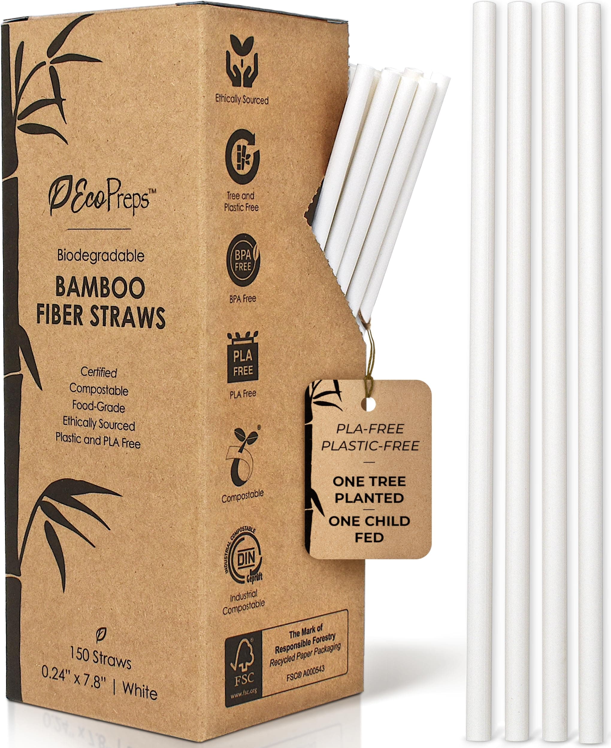 Biodegradable Bamboo Fiber Straws | 150 Count, 100% Compostable, Plastic-Free, Eco-Friendly Drinking Straw | 7.8'' Plant Fiber Disposable Straws, White Straw | Durable for Warm & Cold Drinks