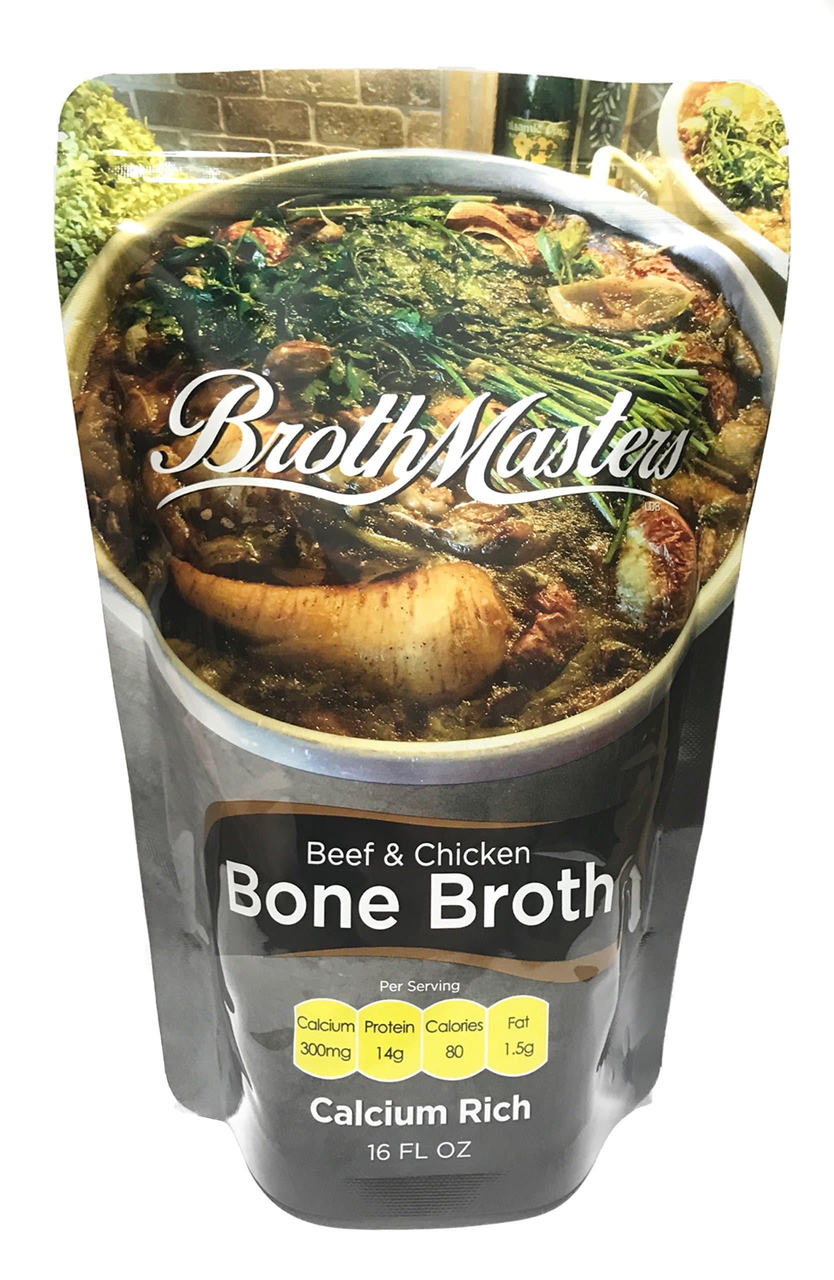 BrothMasters Bone Broth - 4 Pack (16 ounces each) Calcium Rich. Grass Fed Beef Bones, Pasture Raised Chicken Bones and Organic Vegetables.