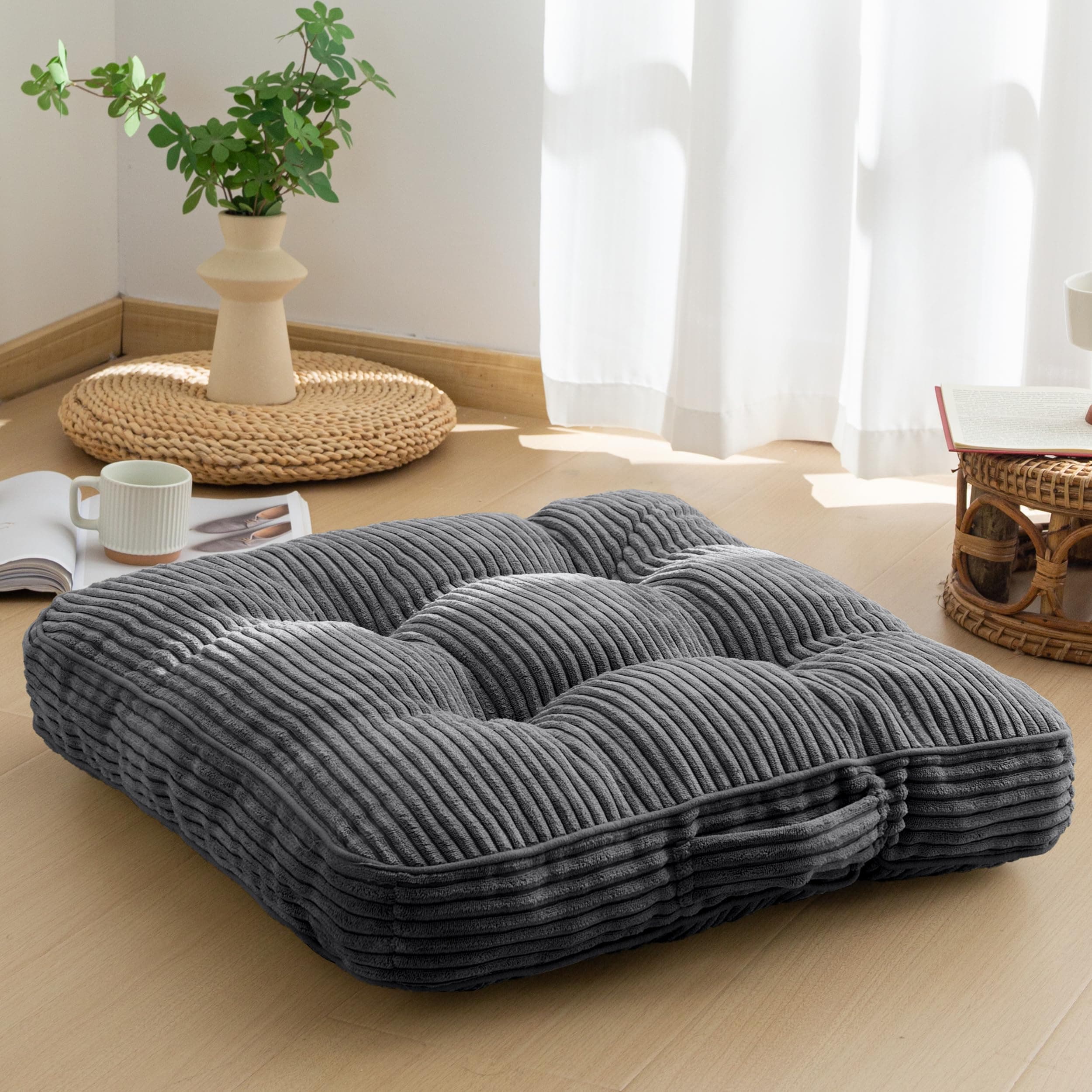 HIGOGOGO Floor Pillow Cushion for Adults, Meditation Cushion Pillow, Large Square Floor Sitting, Tufted Corduroy Cover, for Tatami Living Room or Yoga, 22x22 Inch, Dark Grey